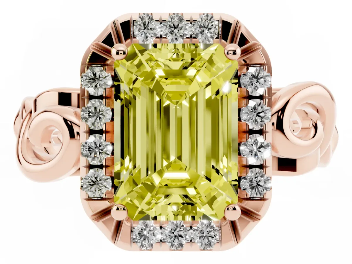 Fancy Yellow Emerald Cut Cut Halo Diamond Ring with Scrollwork Band and Four-Prong Setting Rose gold