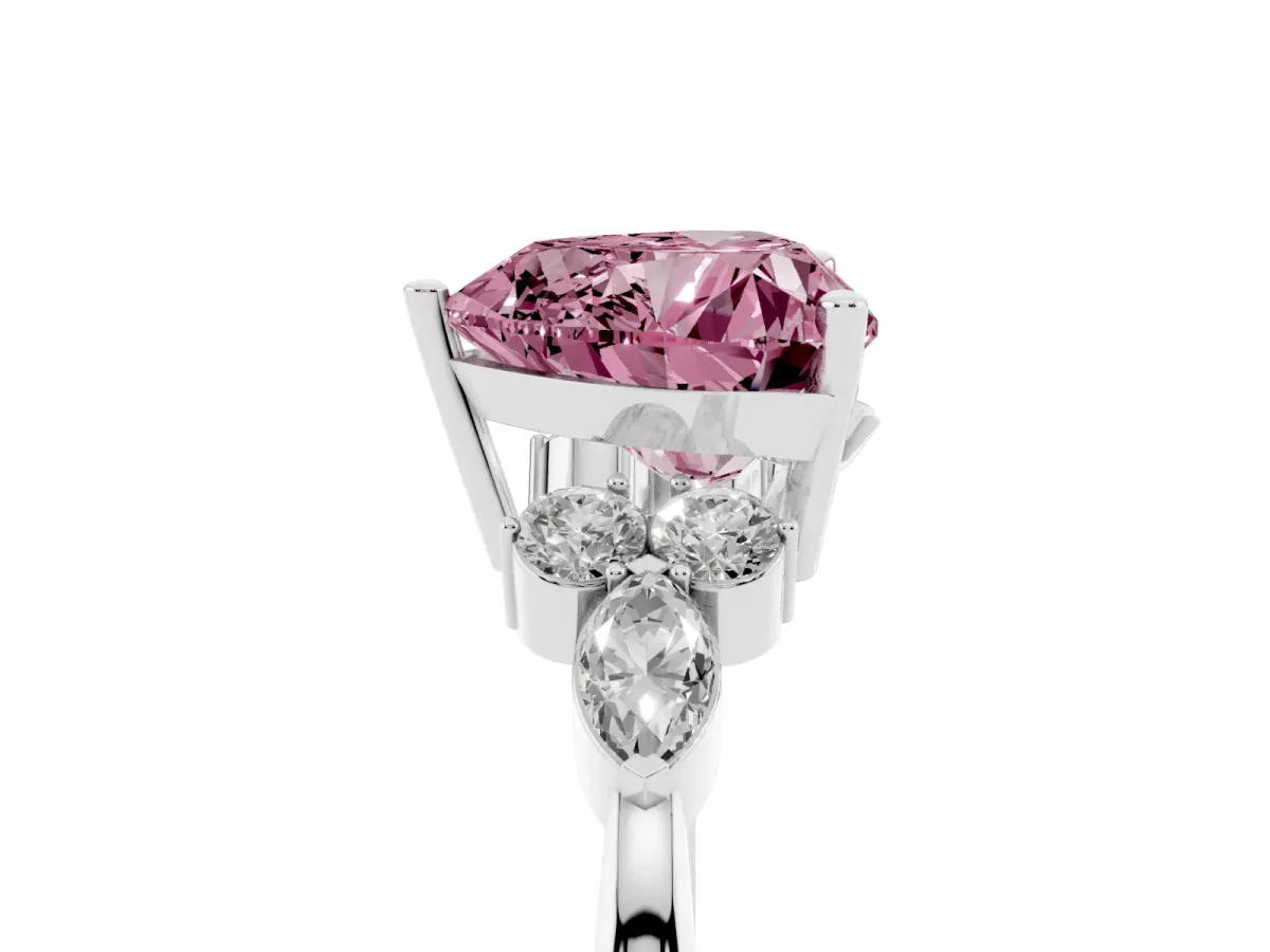 Fancy Pink Heart Cut Brilliant Diamond Solitaire Ring with Pear Side Stones and Four-Prong Setting Platinum