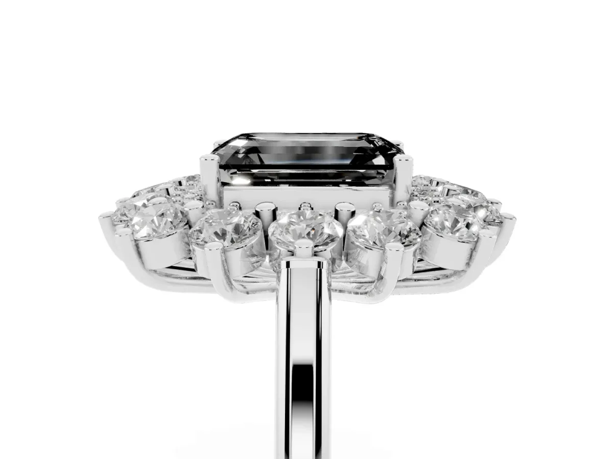 Fancy Black Emerald Cut Diamond Floral Double Halo Engagement Ring with Prong Setting Silver