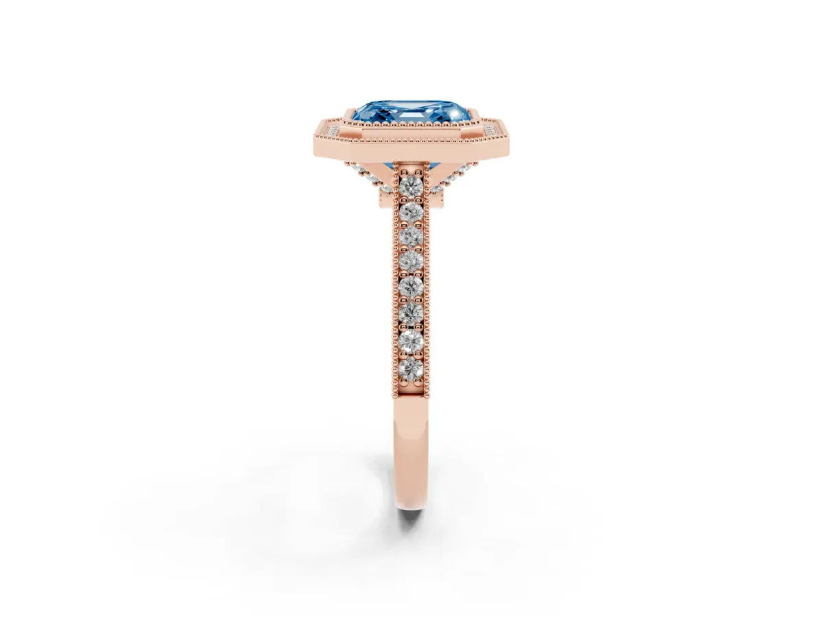 Fancy Blue Halo Asscher Cut-Cut Diamond Pave Band Milgrain Prong Setting Ring Rose gold