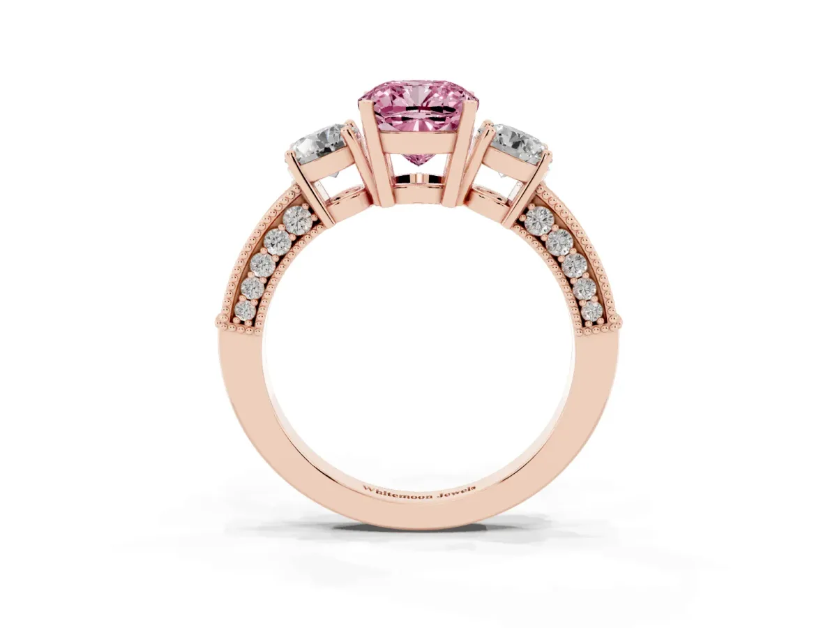 Fancy Pink Cushion Cut Three-Stone Diamond Ring with Pavé Band and Four-Prong Setting Rose gold