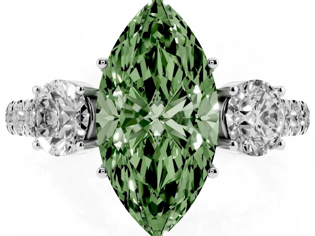 Fancy Green Marquise Cut Cut Diamond Three-Stone Ring with Round Side Stones and Pavé Band Silver