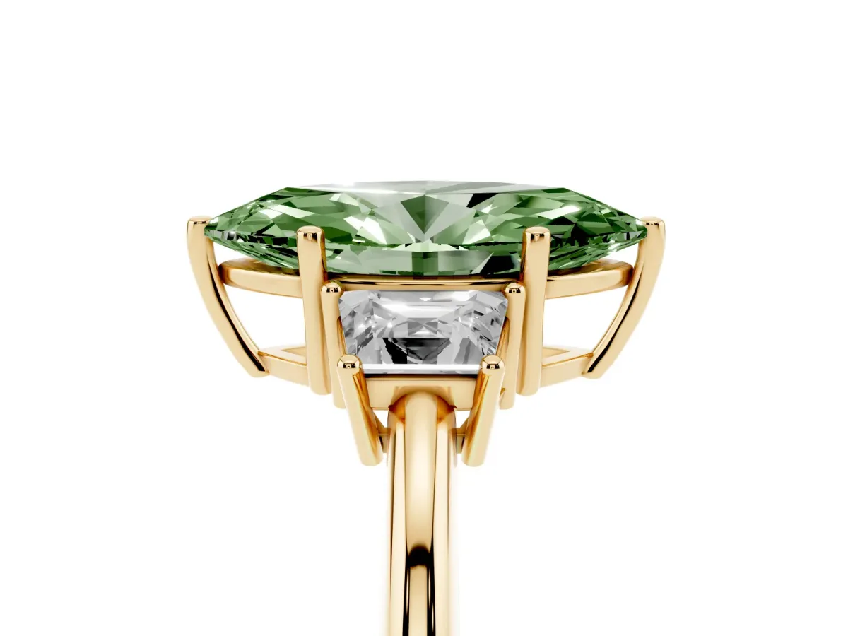 Fancy Green Marquise Cut Diamond Three-Stone Ring with Trapezoid Side Stones and Prong Setting Yellow gold