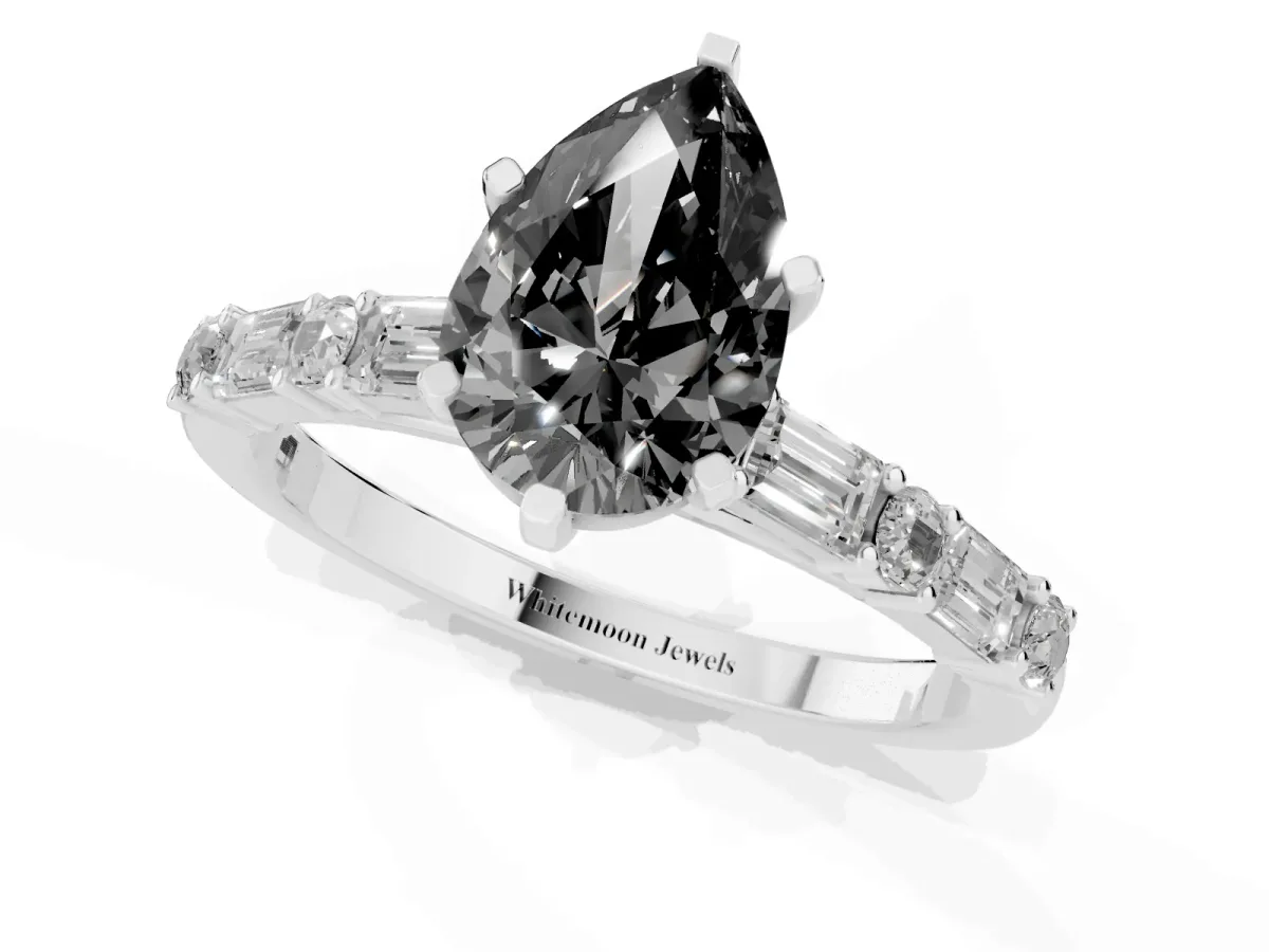Fancy Black Pear Cut Diamond Solitaire with Side Baguettes and Channel Set Band White gold