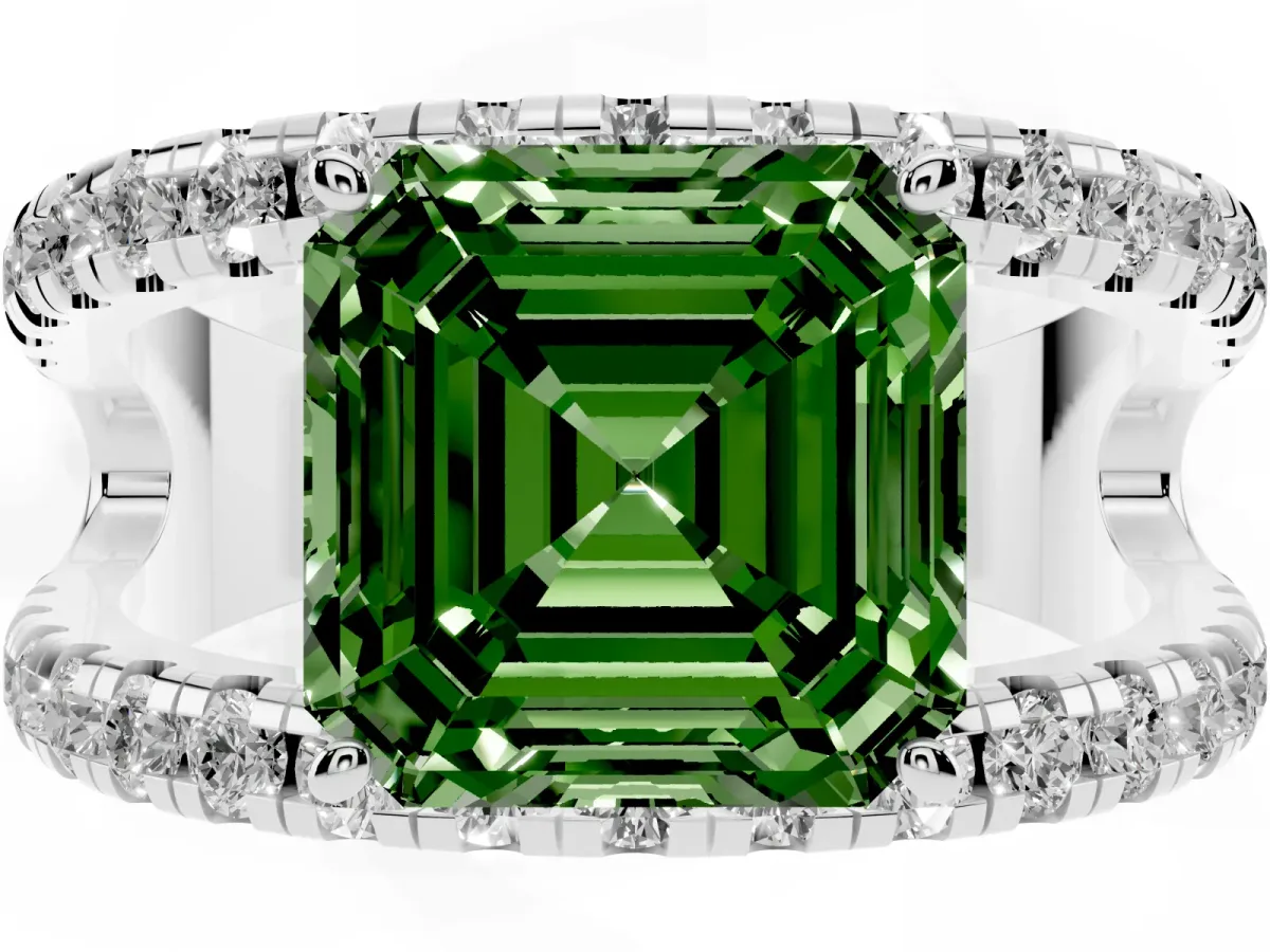 Fancy Green Asscher Cut Solitaire Split Shank Pave Diamond Ring Platinum