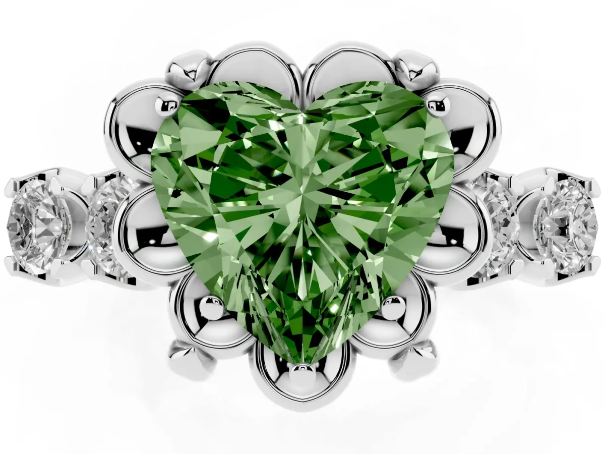 Fancy Green Heart Cut Cut Diamond Floral Halo Engagement Ring with Shared Prong Setting Platinum