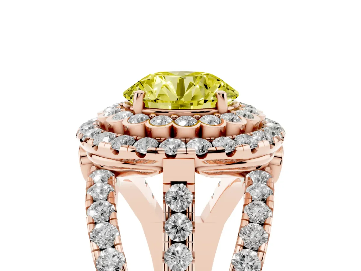 Fancy Yellow Round Cut Diamond Double Halo Ring with Round Pavé Split Shank and Prong Setting Rose gold