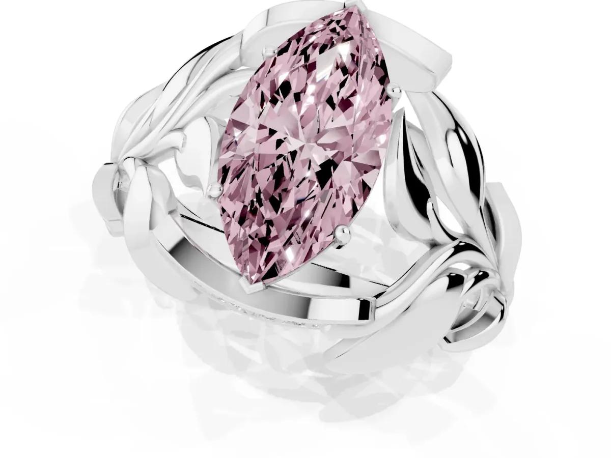 Fancy Pink Marquise Cut Diamond Leaf-Inspired Engagement Ring with Round Accents and Prong Setting Silver