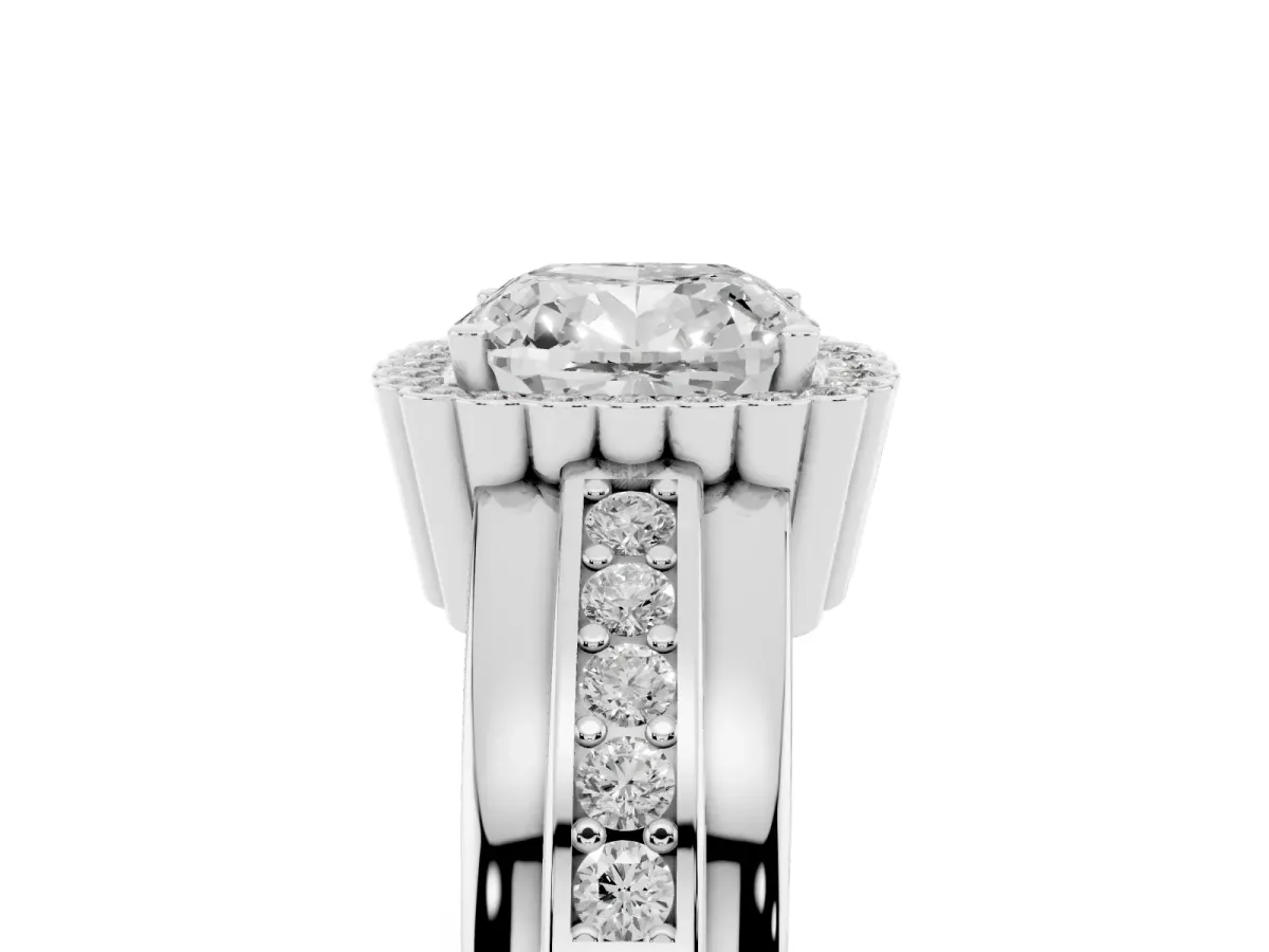 Cushion Cut Cut Halo Pave Band Four-Prong Ring Silver