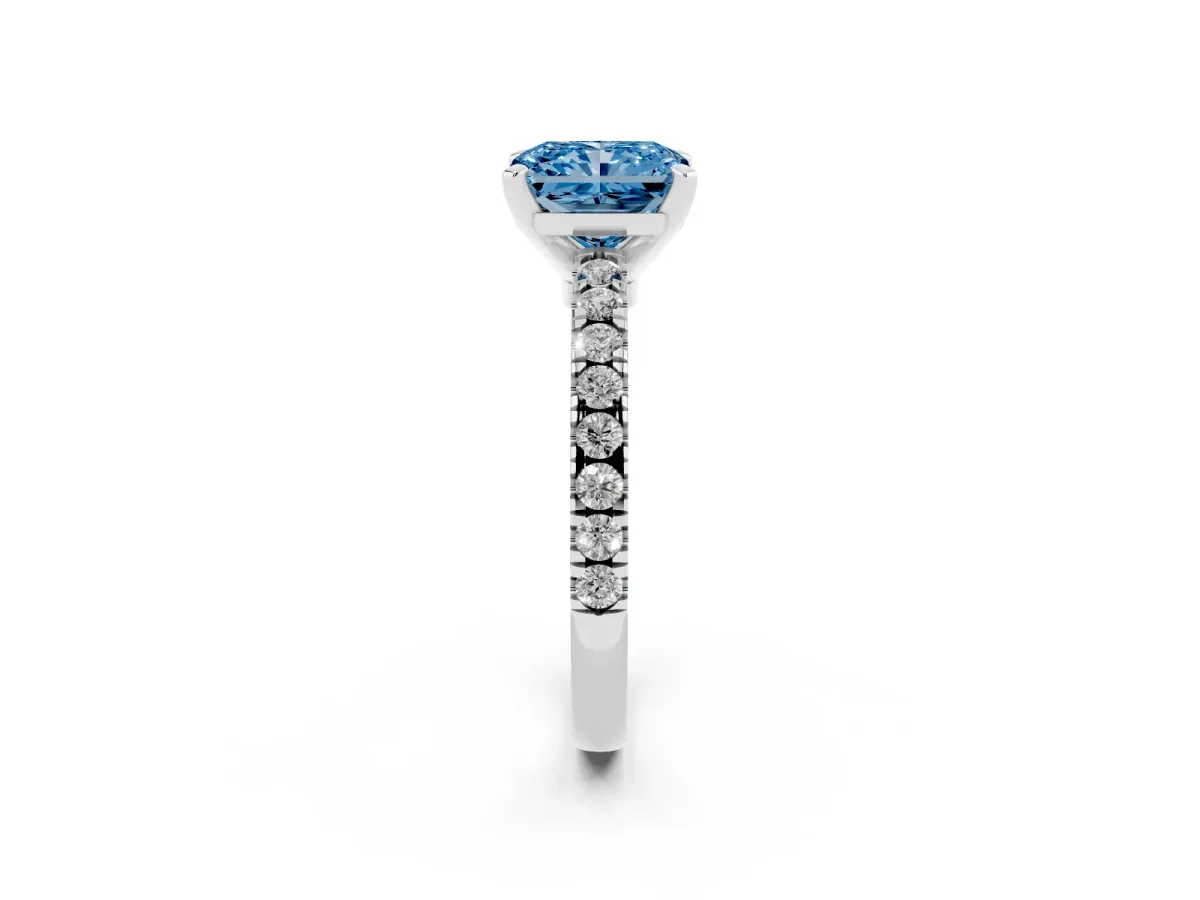 Fancy Blue Radiant Cut Solitaire Diamond with Pavé Band and Four-Prong Setting Platinum