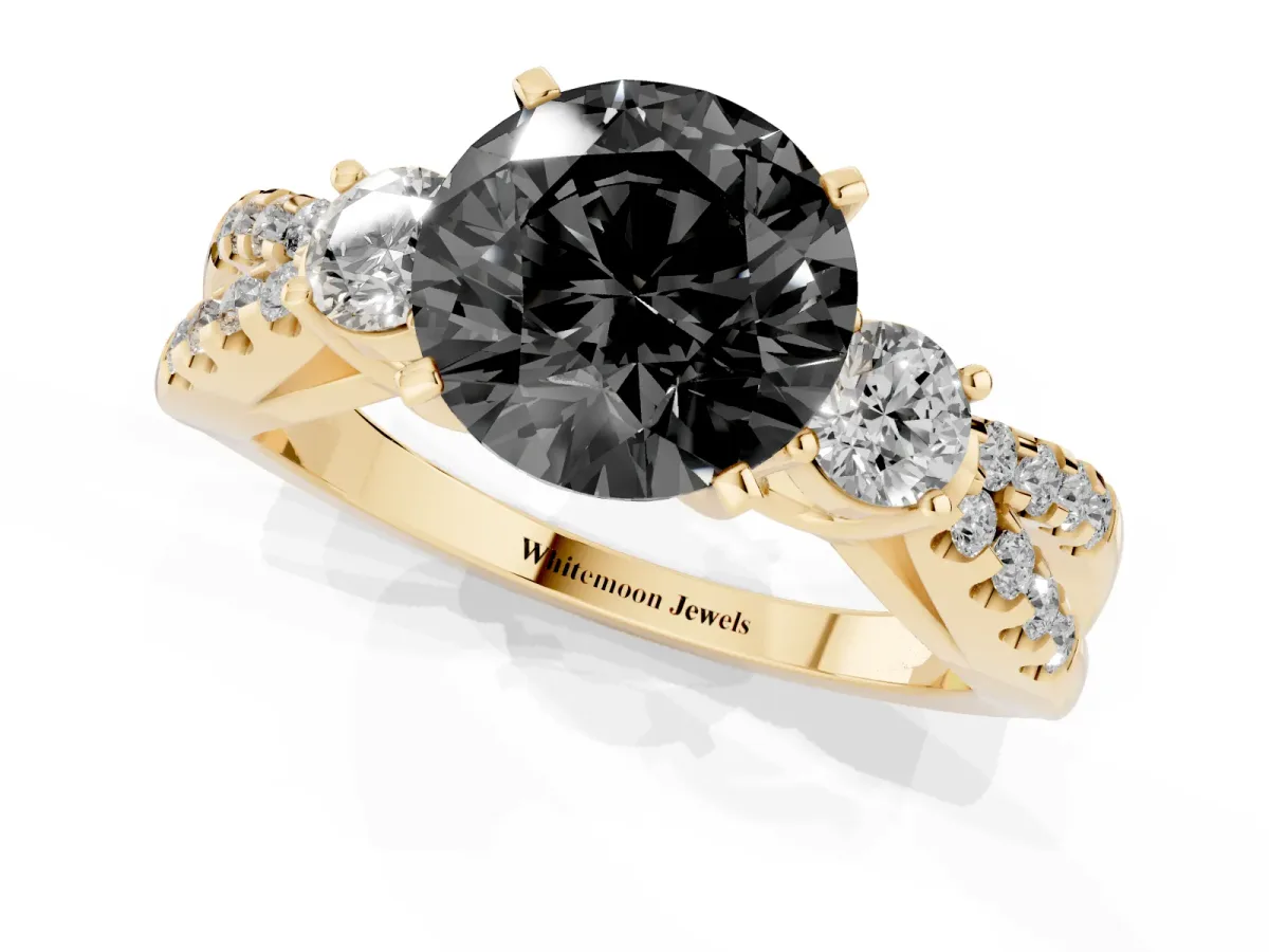 Fancy Black Round Cut Diamond Three-Stone Ring with Pavé Split Shank and Four-Prong Setting Yellow gold