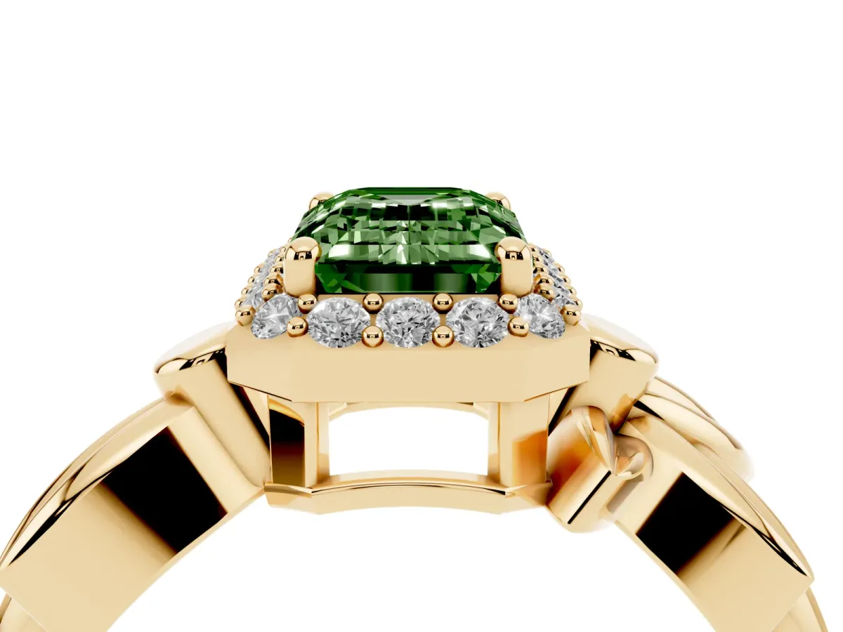 Fancy Green Emerald Cut Halo Diamond Floral Band with Four-Prong Setting Yellow gold