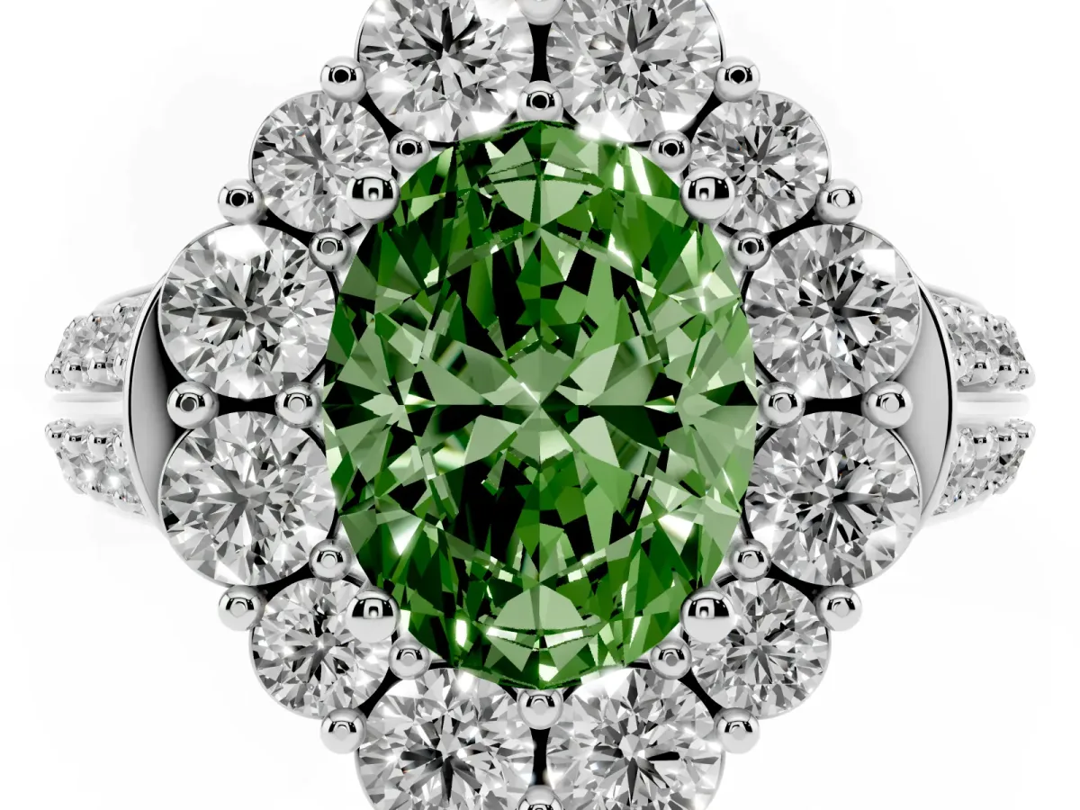 Fancy Green Oval Cut Halo Diamond Engagement Ring with Split Shank and Prong Setting Silver
