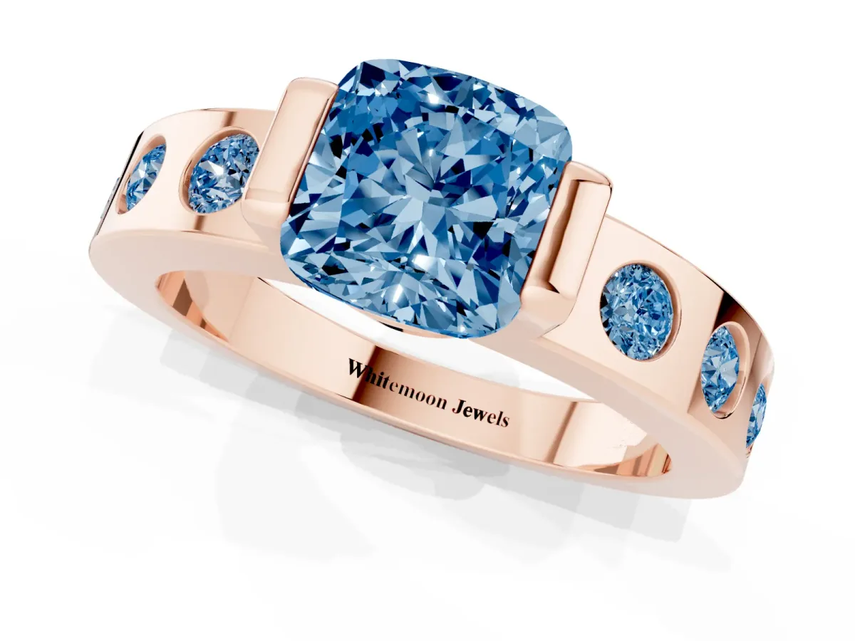 Fancy Blue Cushion Cut Brilliant Channel-Set Diamond Ring with Bezel Prong Setting Rose gold