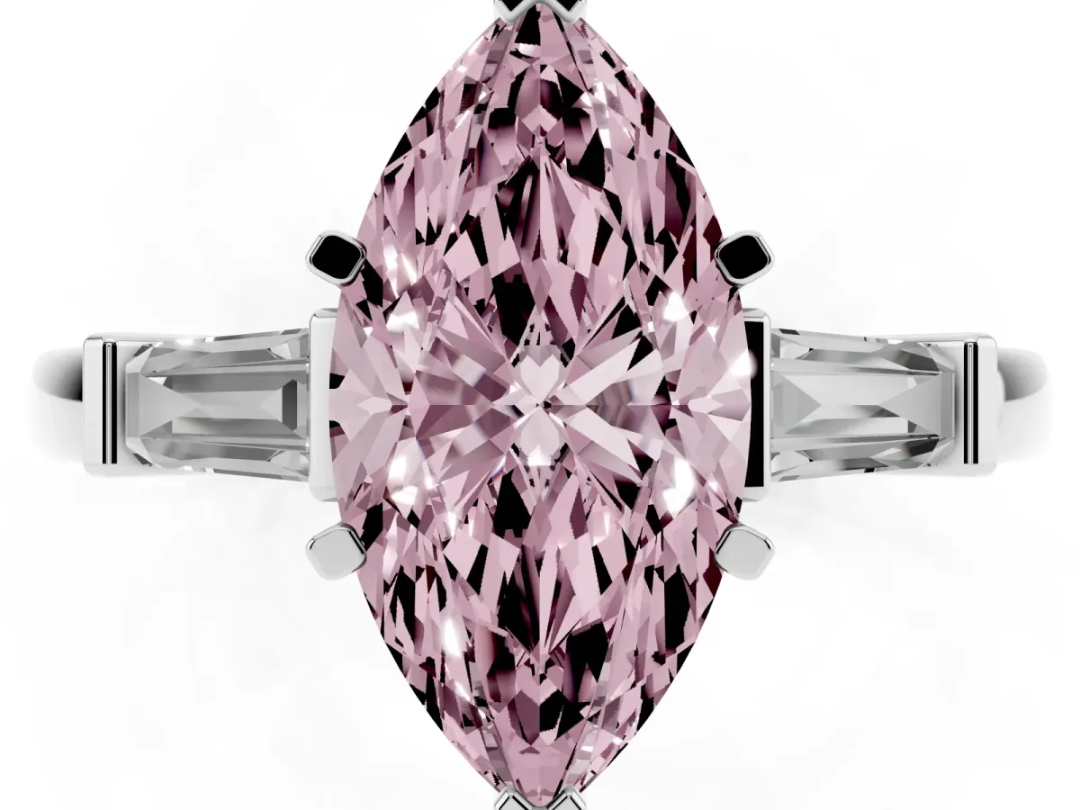 Fancy Pink Marquise Cut Cut Diamond Solitaire Ring with Tapered Baguette Accents and Four-Prong Setting Platinum