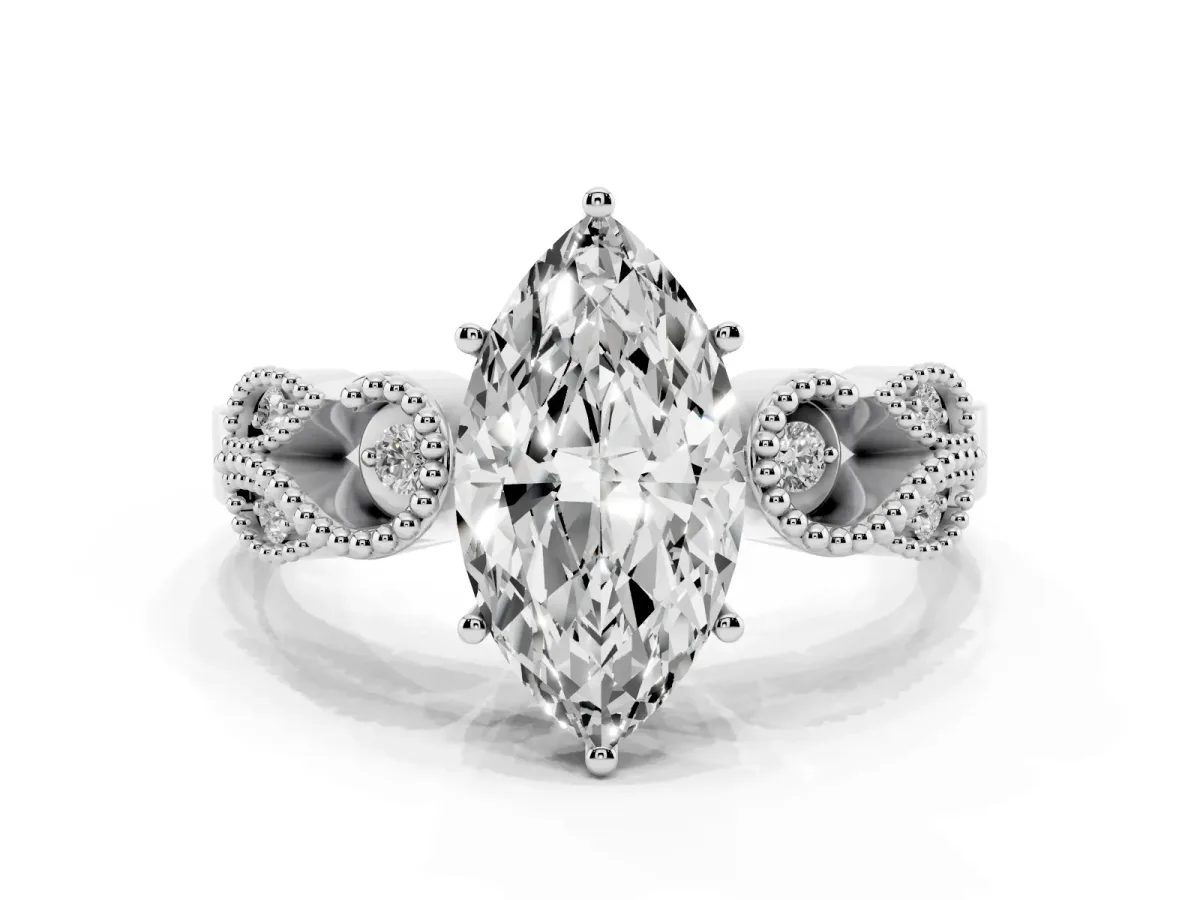 Marquise Cut Solitaire Milgrain Leaf Band with Prong Setting Silver
