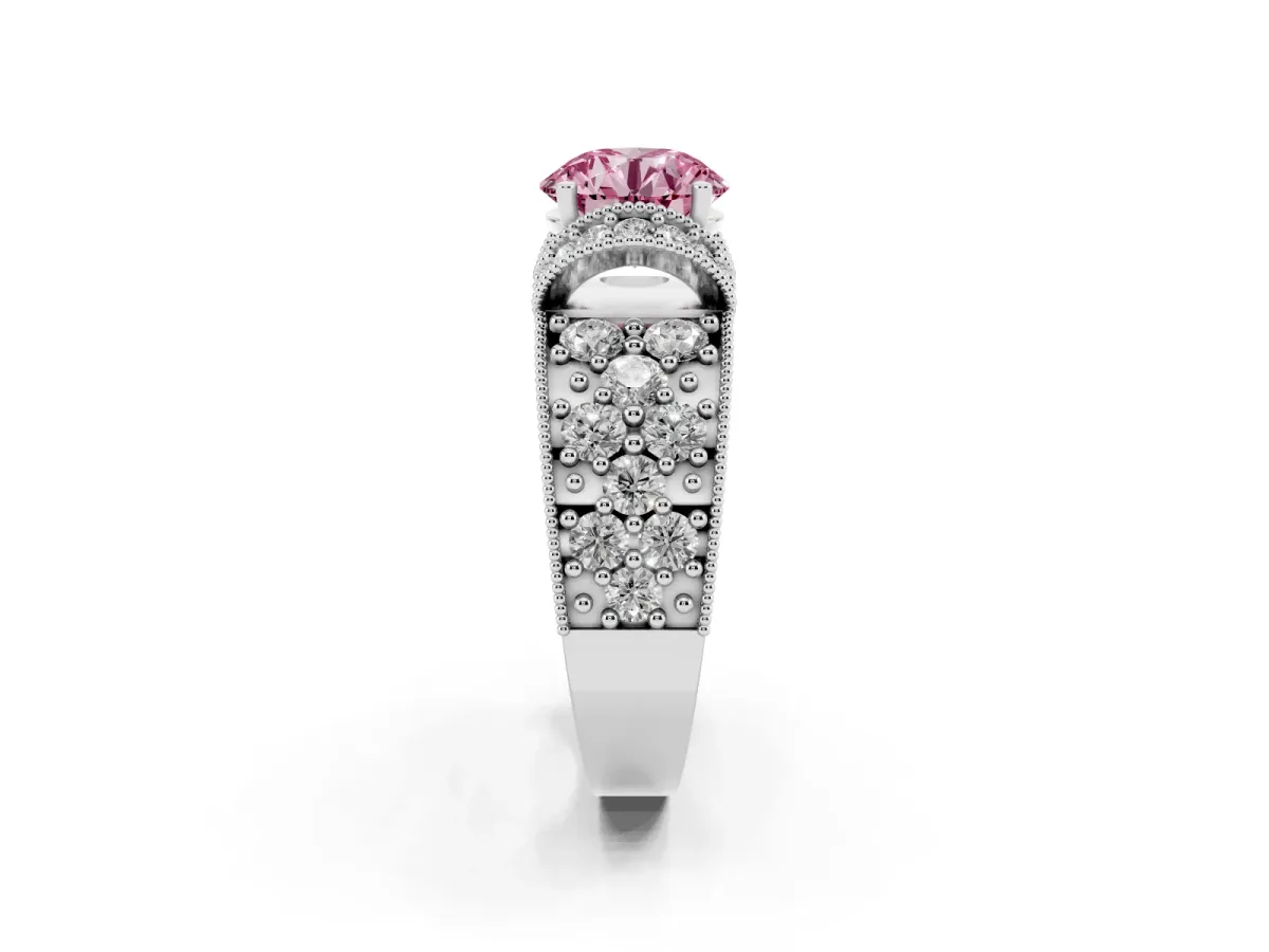 Fancy Pink Round Cut Halo Pave Diamond Engagement Ring with Milgrain Detailing Silver