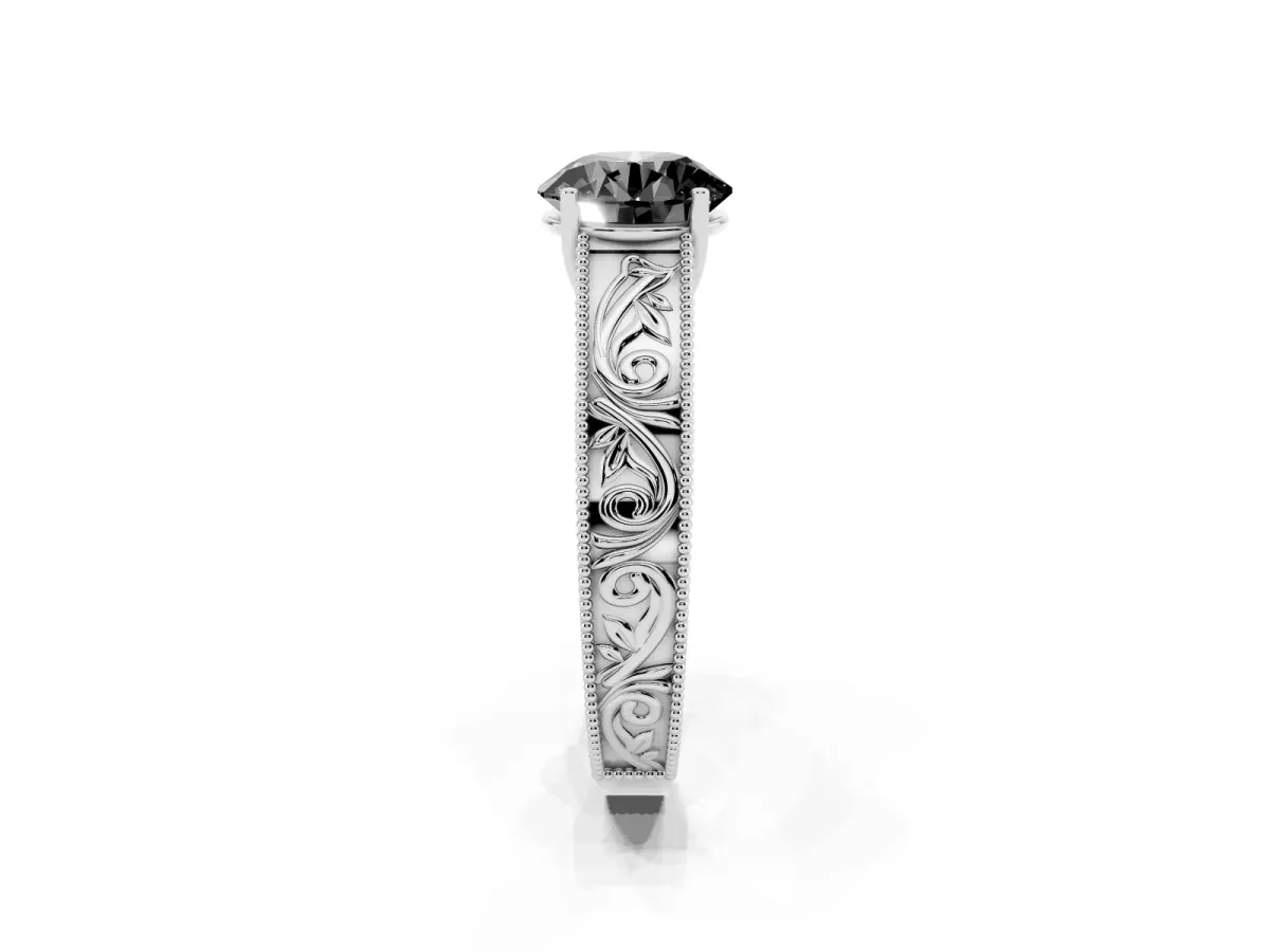 Fancy Black Round Cut Diamond Solitaire Ring with Engraved Band and Four-Prong Setting White gold