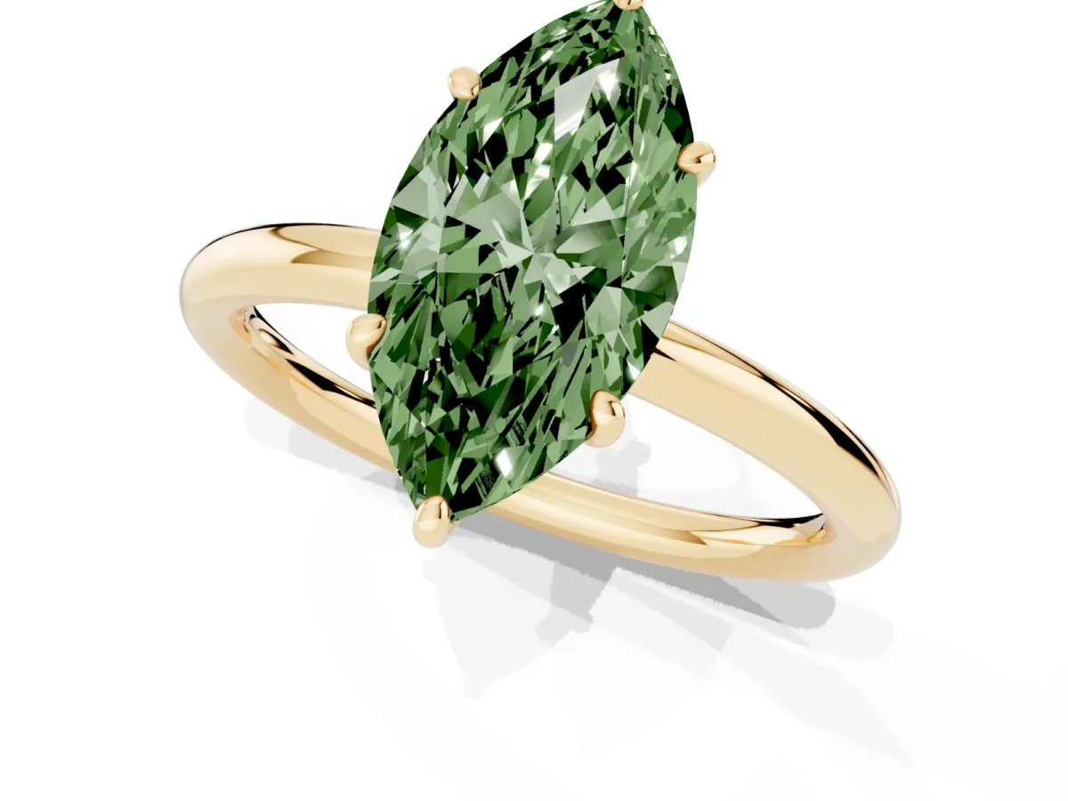 Fancy Green Marquise Cut Solitaire Diamond Ring with Four-Prong Setting on a Plain Band Yellow gold
