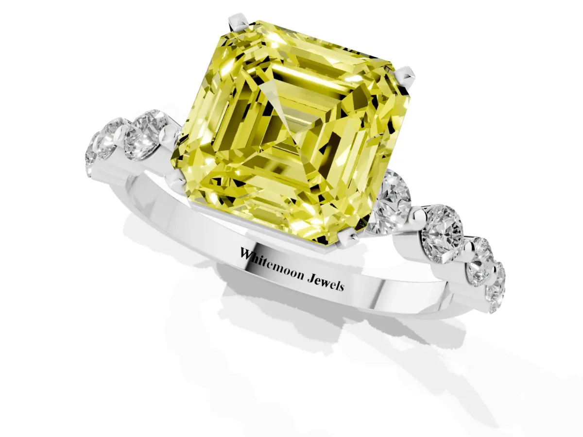 Fancy Yellow Asscher Cut Solitaire Diamond Ring with Pave Band and Four-Prong Setting Silver