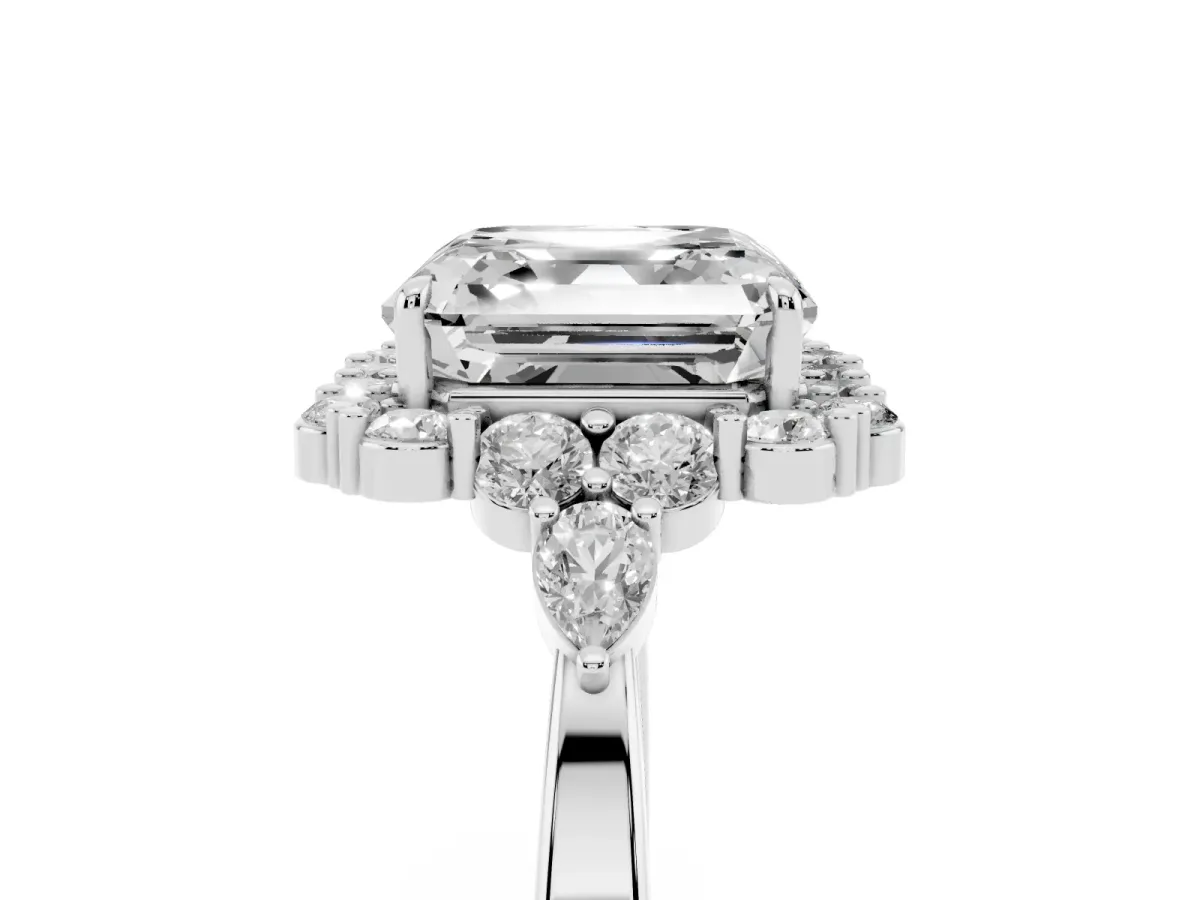 Asscher Cut Diamond Halo Ring with Pear Side Stones and Prong Setting Silver