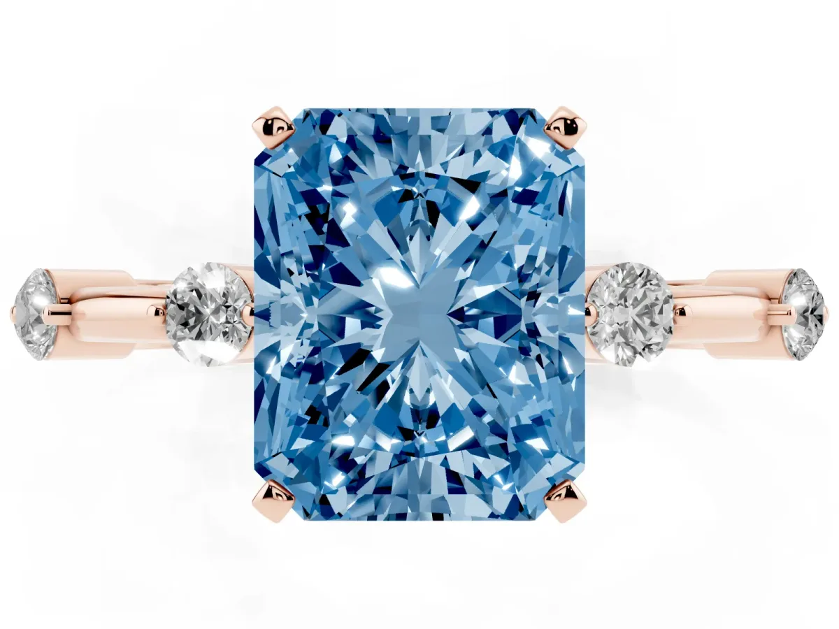 Fancy Blue Radiant Cut Solitaire Diamond Ring with Bezel Set Side Stones and Prong Setting Rose gold