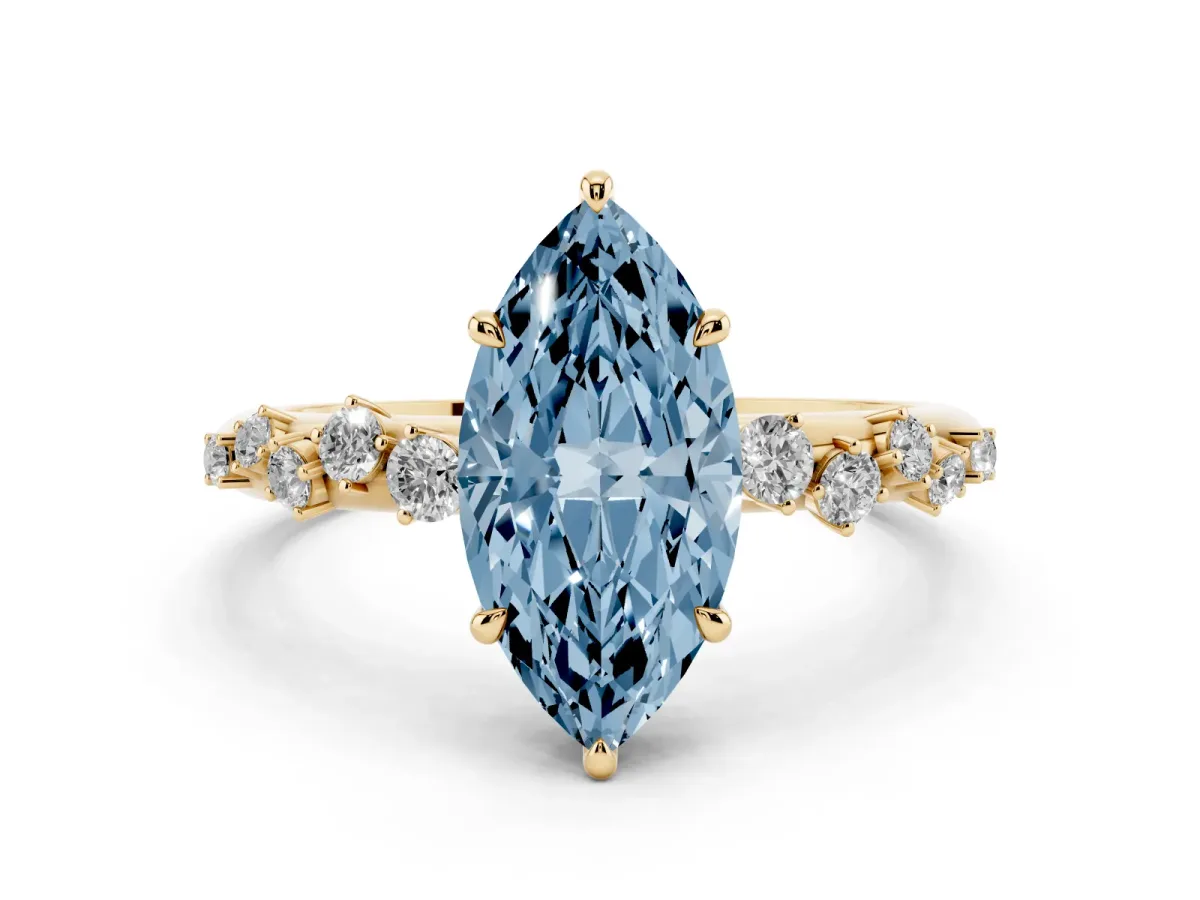 Fancy Blue Marquise Cut Diamond Cluster Prong-Set Solitaire Ring Yellow gold