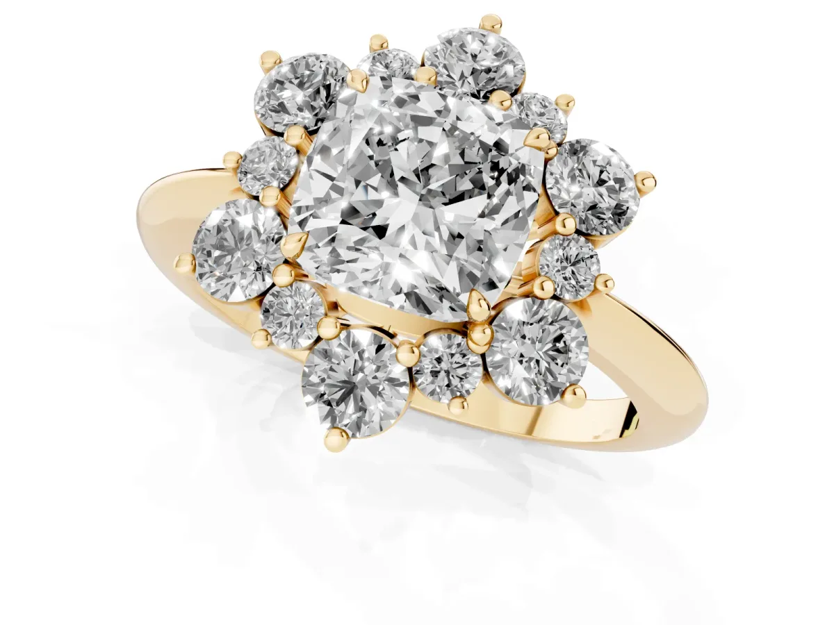 Cushion Cut Diamond Cluster Halo Ring with Solitaire Band and Four-Prong Setting Yellow gold