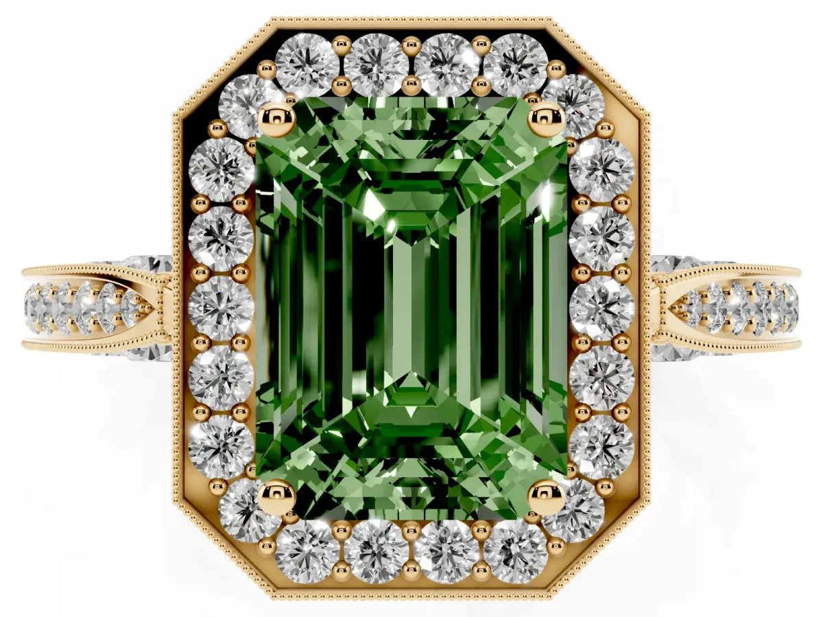 Fancy Green Emerald Cut Halo Diamond Engagement Ring with Split Shank Band and Four-Prong Setting Yellow gold