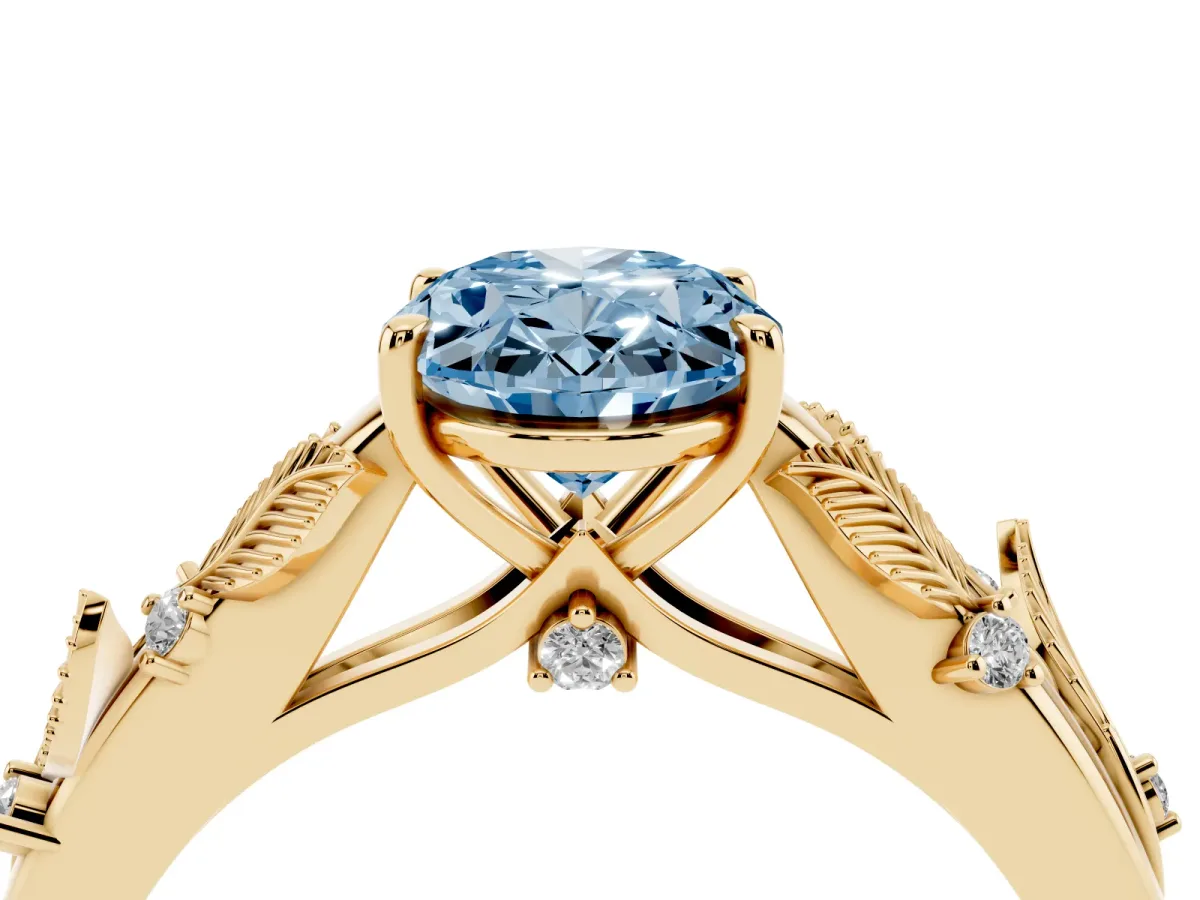 Fancy Blue Oval Cut Diamond Solitaire Ring with Leaf Motif Band and Four-Prong Setting Yellow gold