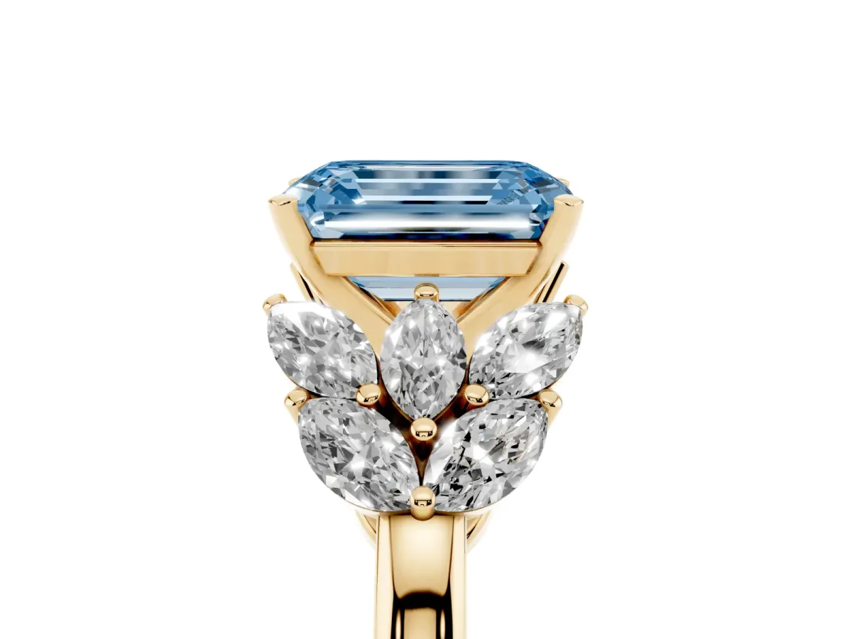 Fancy Blue Emerald Cut Diamond Cluster Leaf Design Ring with Prong Setting Yellow gold