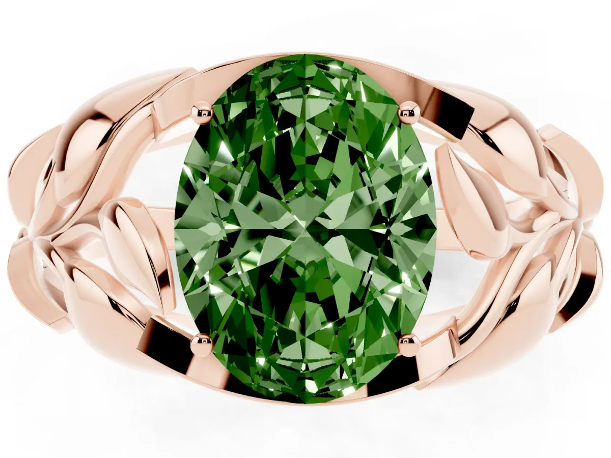 Fancy Green Oval Cut Diamond Leaf-Inspired Engagement Ring with Round Accents and Prong Setting Rose gold