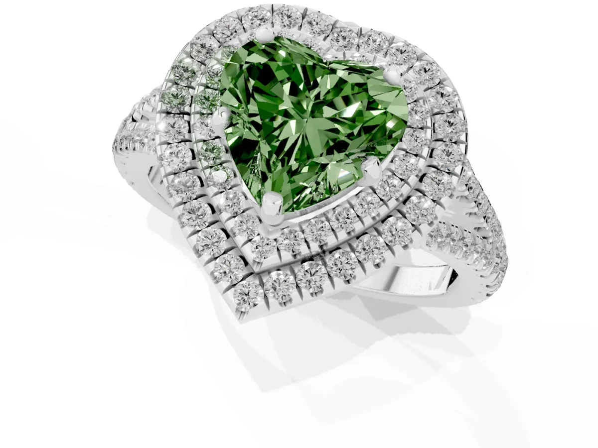 Fancy Green Heart Cut Diamond Double Halo Ring with Pavé Band and Prong Setting Silver