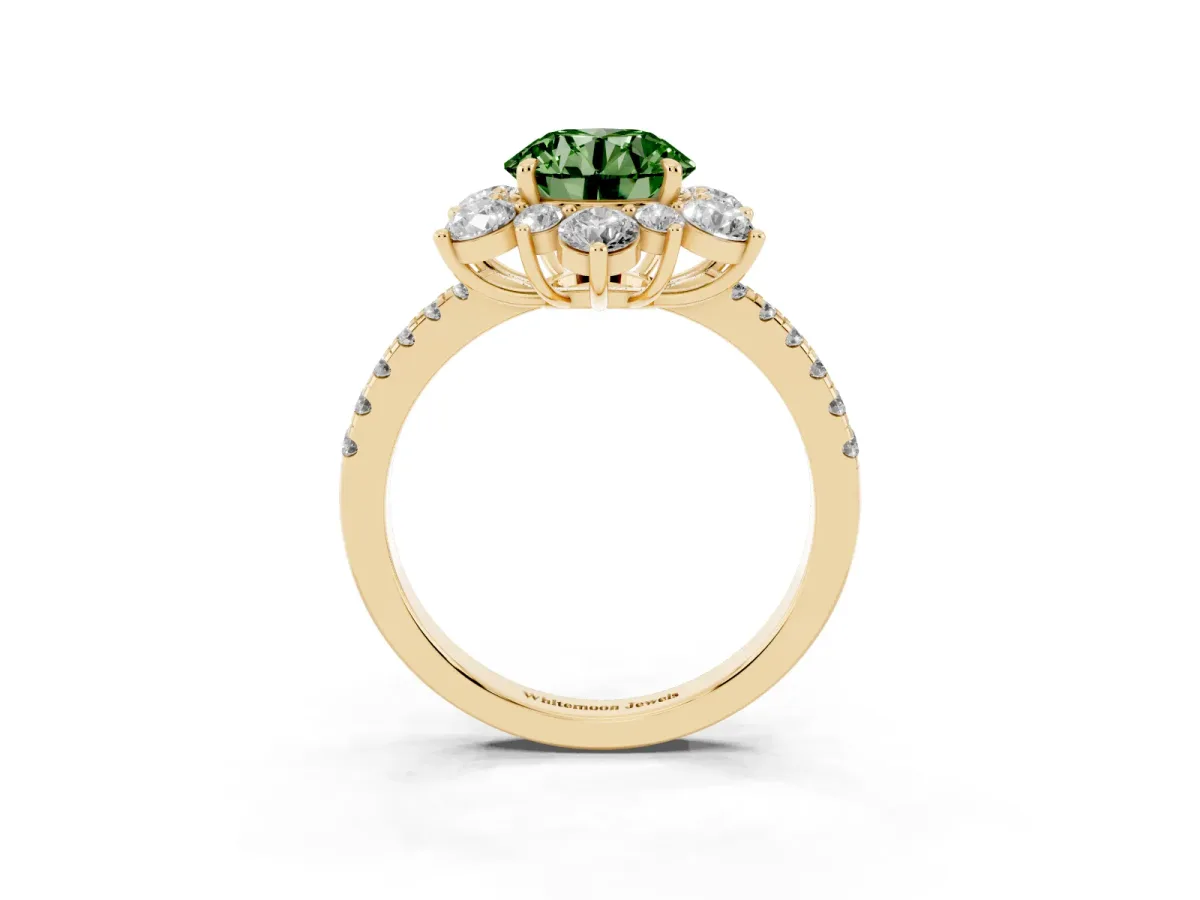 Fancy Green Round Cut Diamond Floral Halo Ring with Round Pavé Band and Prong Setting Yellow gold