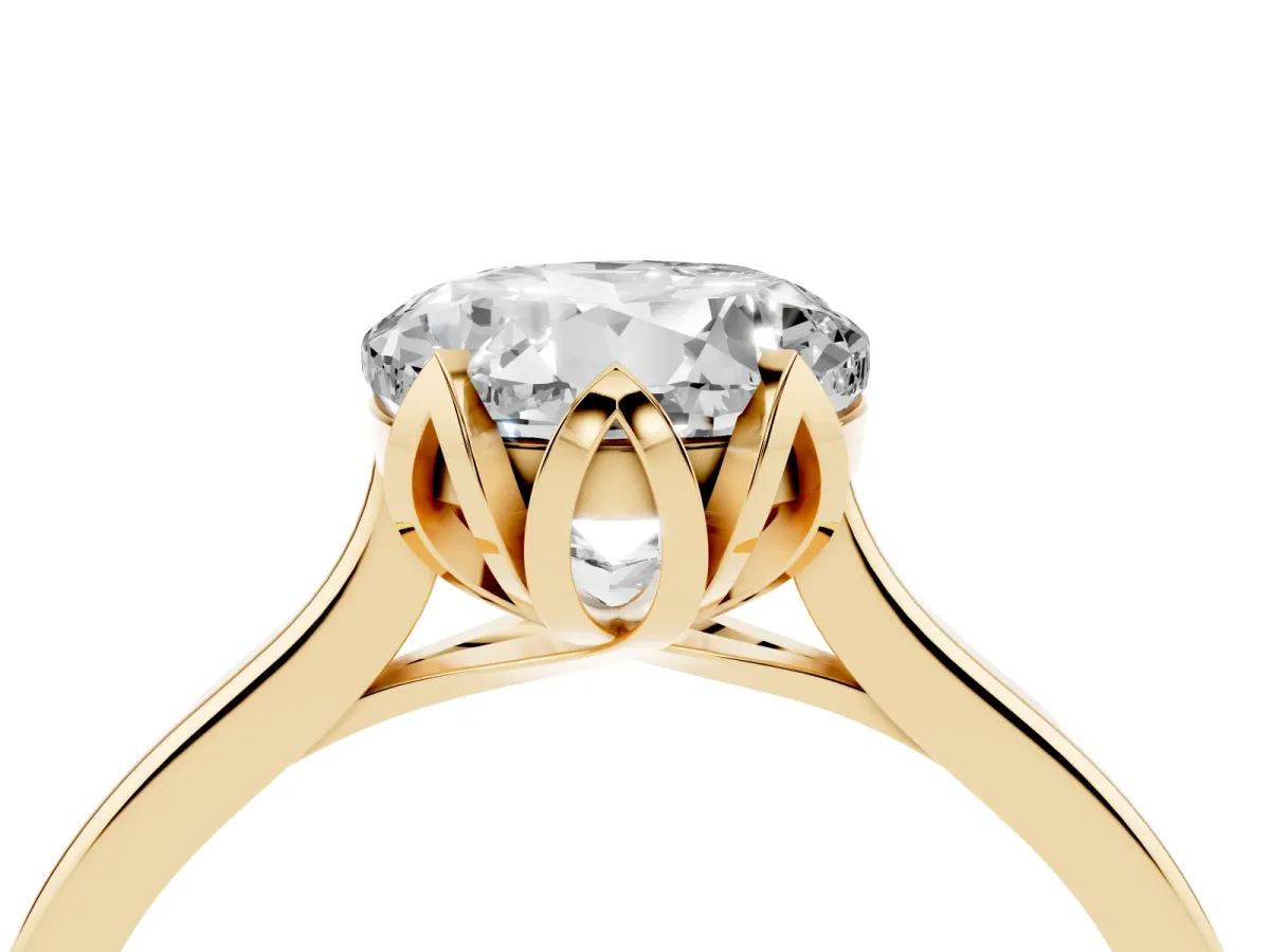 Round Cut Diamond Solitaire Ring with Flower Prong Setting and Classic Band Yellow gold