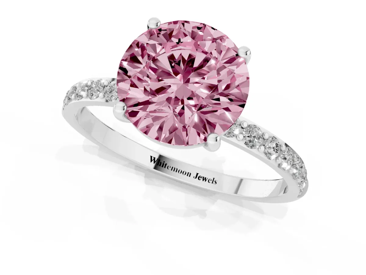 Fancy Pink Round Cut Diamond Solitaire Ring with Round Pavé Shoulders and Prong Setting Silver