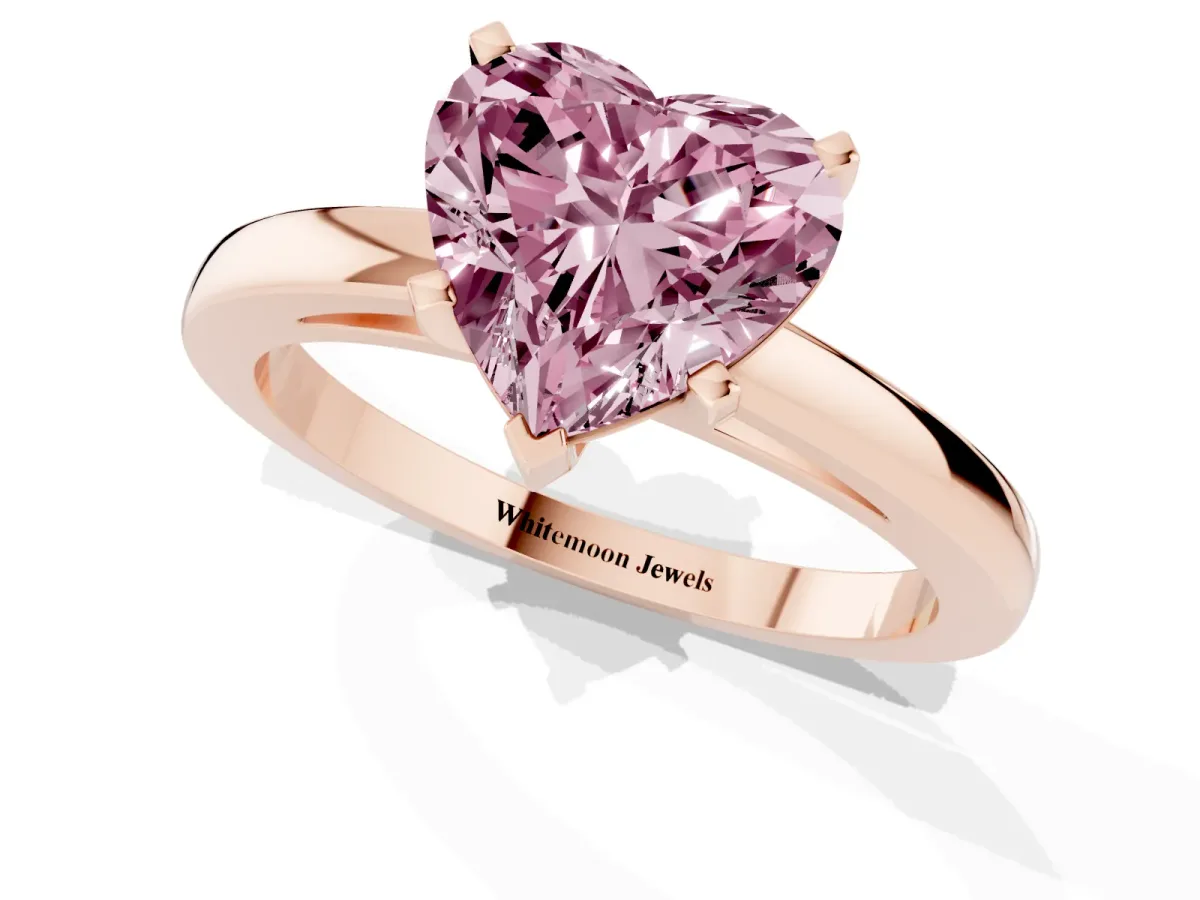 Fancy Pink Heart Cut Solitaire Diamond Engagement Ring with Four-Prong Setting on a Classic Band Rose gold