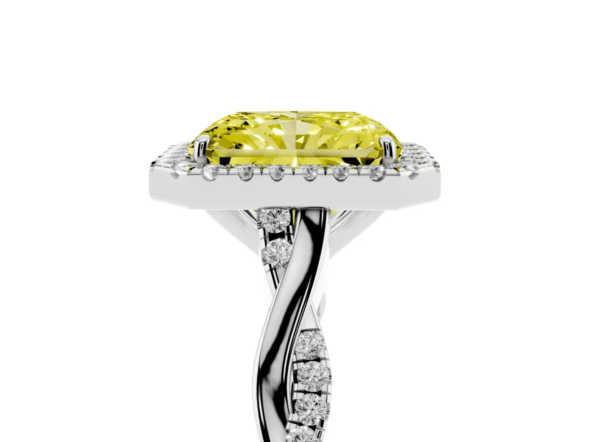 Fancy Yellow Radiant Cut Halo Twist Band Solitaire Ring Silver