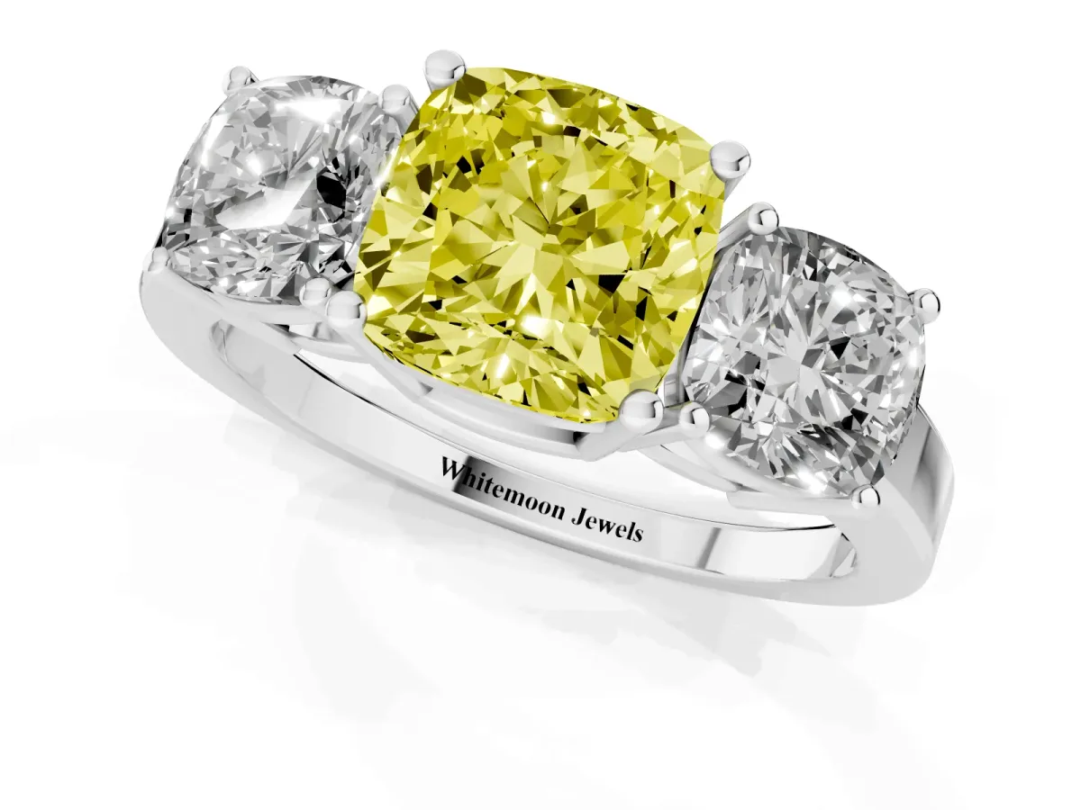Fancy Yellow Three-Stone Cushion Cut Cut Diamond Engagement Ring with Flat Band and Four-Prong Setting Silver