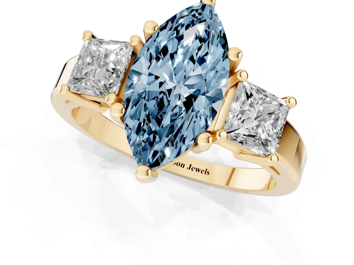 Fancy Blue Three-Stone Marquise Cut Cut Solitaire Ring with Prong Setting Yellow gold