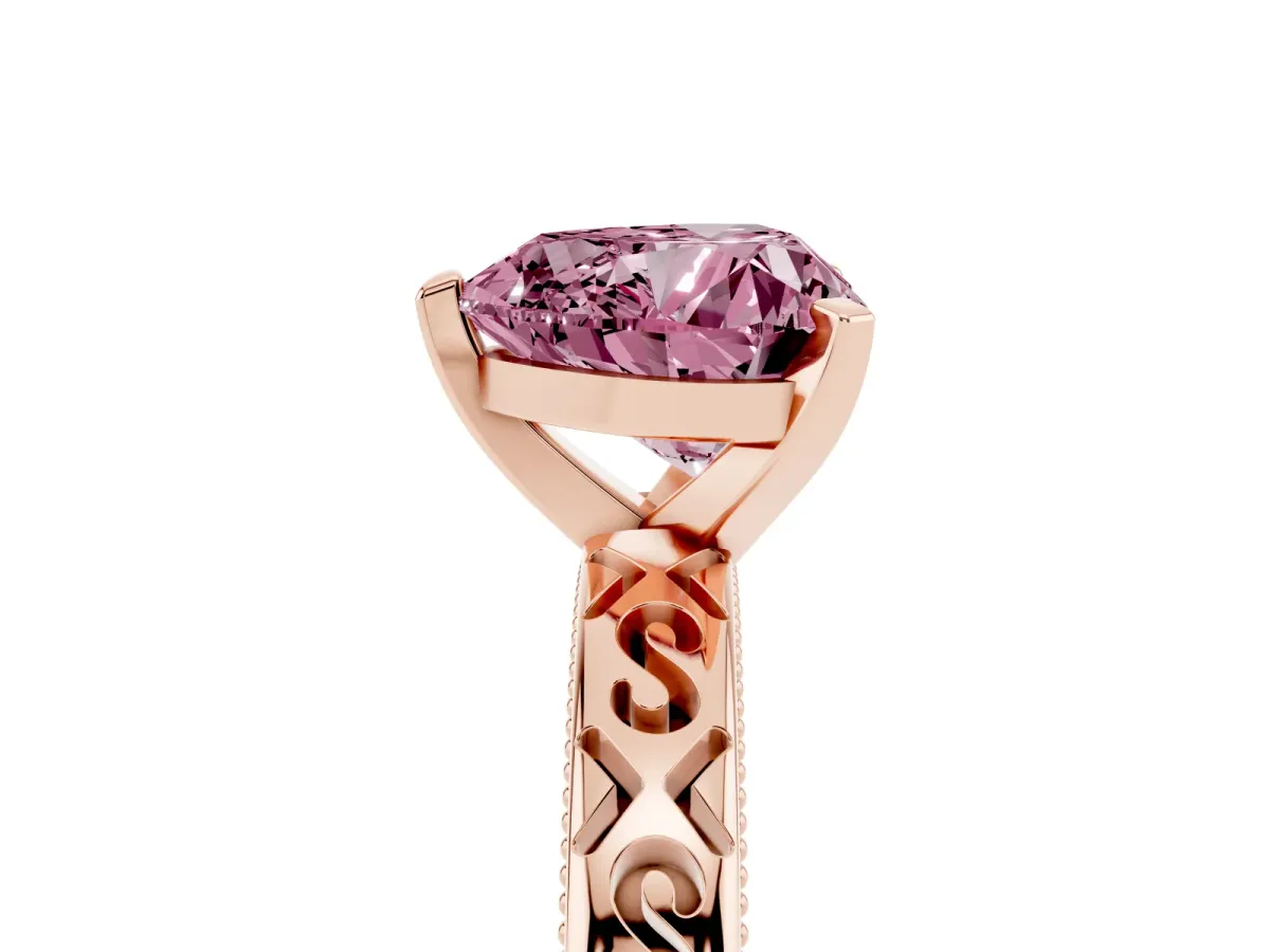 Fancy Pink Heart Cut Solitaire Engagement Ring with Scrollwork Band and Four-Prong Setting Rose gold
