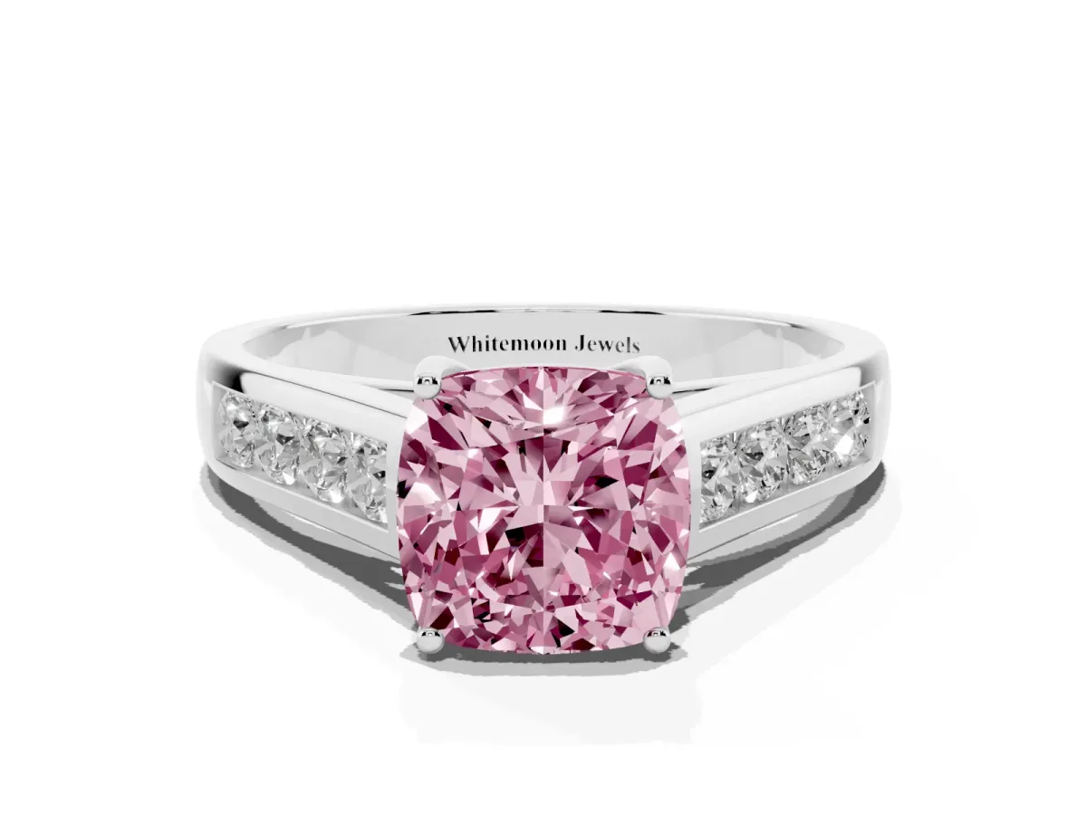 Fancy Pink Cushion Cut Solitaire Channel-Set Diamond Engagement Ring with Four-Prong Setting Silver