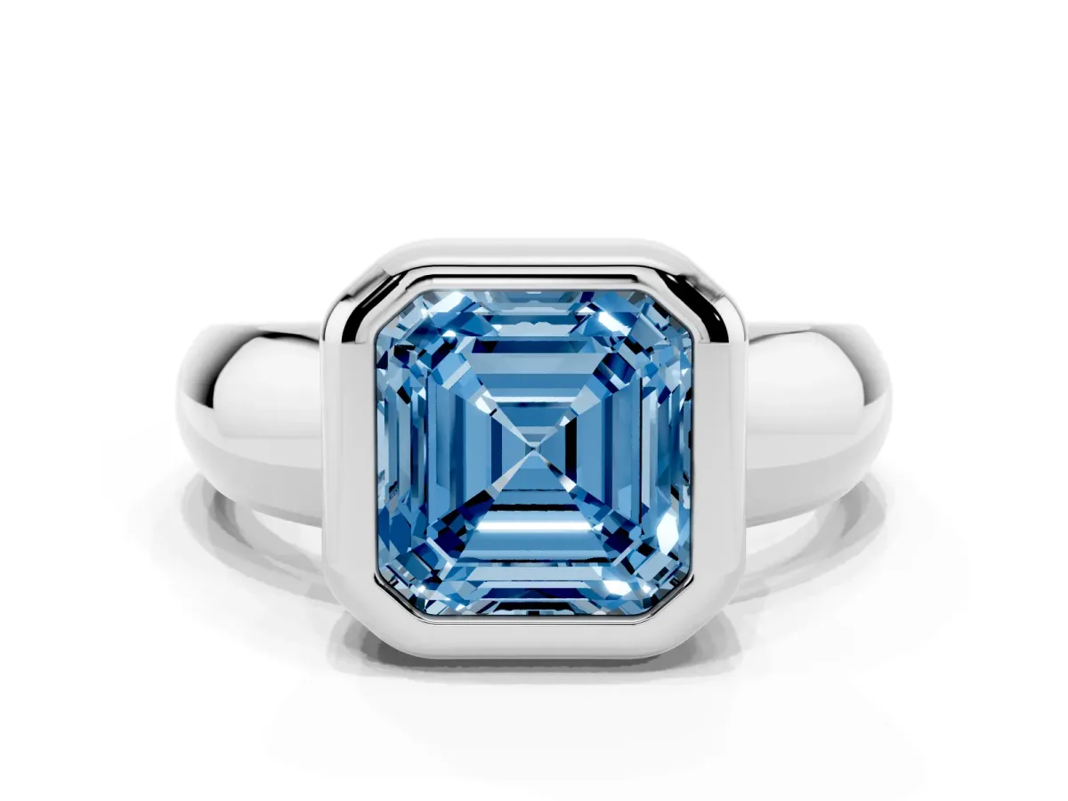 Fancy Blue Bezel Set Asscher Cut Solitaire Ring with Wide Band Silver