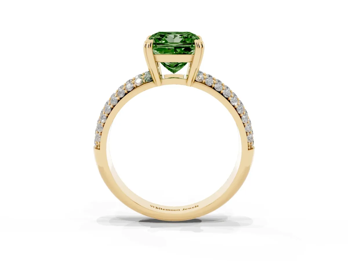 Fancy Green Princess Cut Diamond Solitaire Ring with Multi-Row Round Pavé Band and Prong Setting Yellow gold