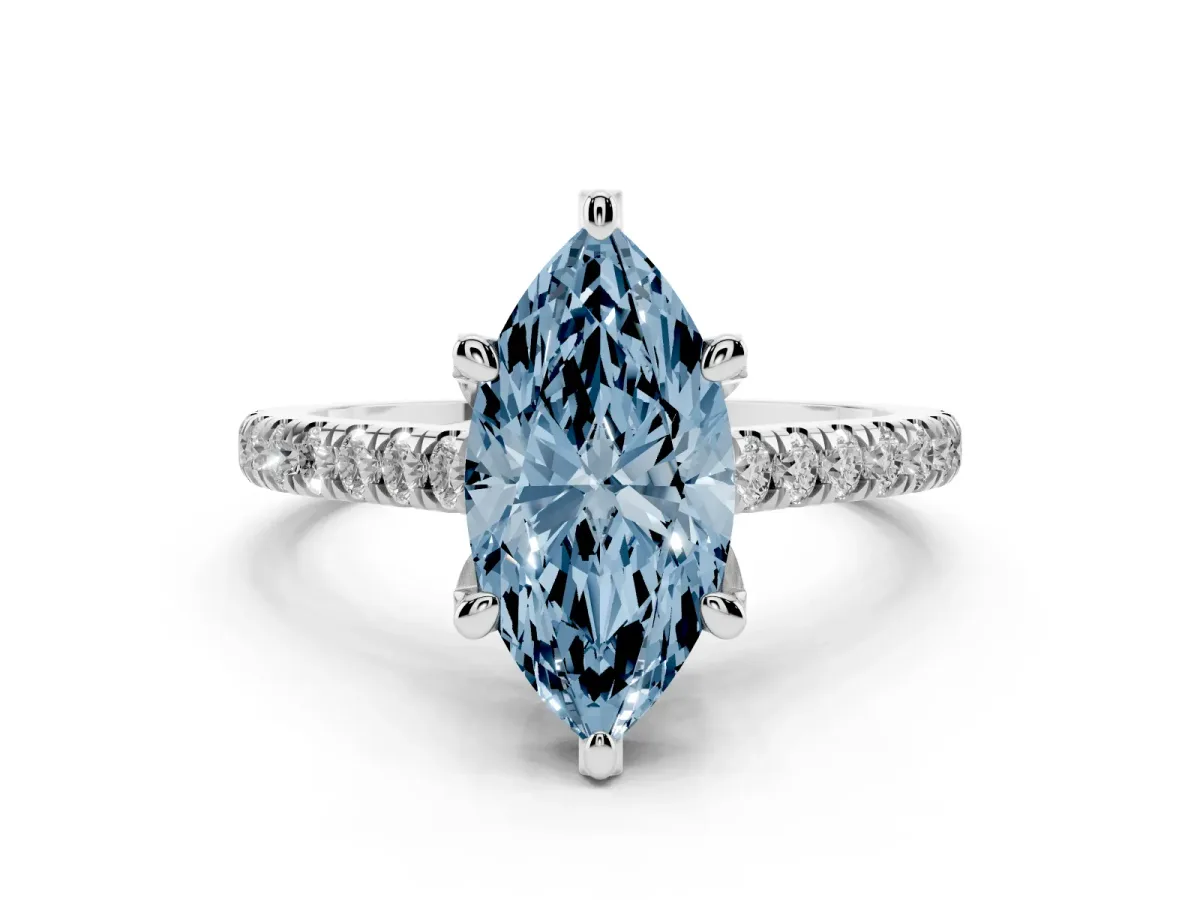 Fancy Blue Marquise Cut Brilliant Diamond Solitaire with Pavé Band and Four-Prong Setting Silver