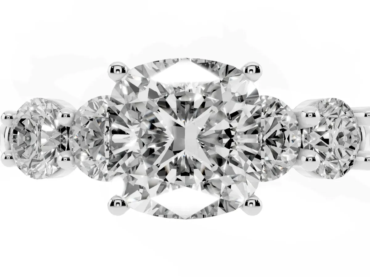 Cushion Cut Cut Five-Stone Prong Set Diamond Ring with Classic Band Silver