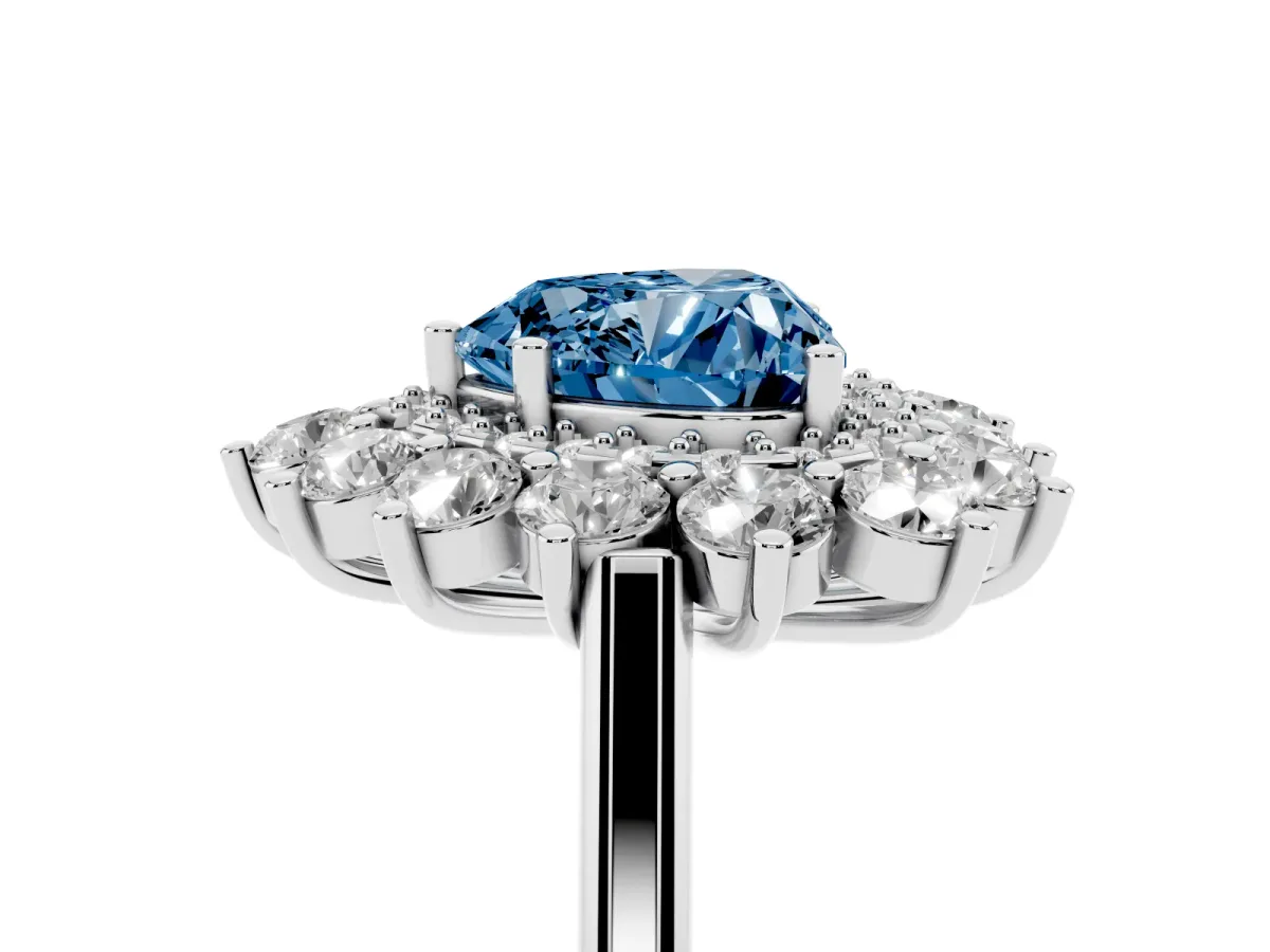 Fancy Blue Heart Cut Diamond Floral Double Halo Engagement Ring with Prong Setting Platinum
