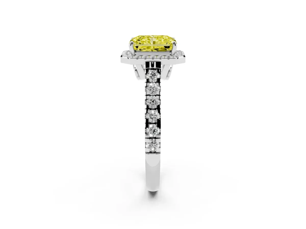 Fancy Yellow Radiant Cut Halo Pavé Diamond Engagement Ring with Four-Prong Setting Platinum