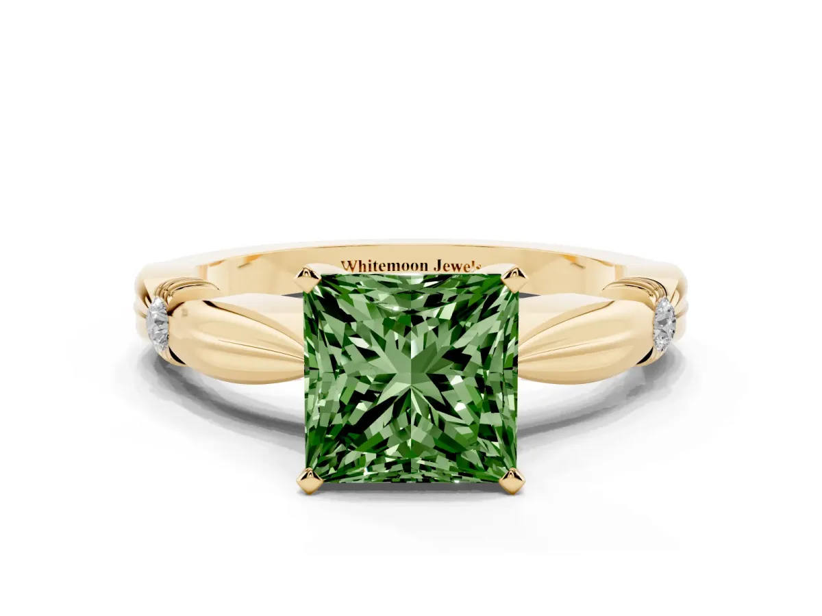 Fancy Green Princess Cut Solitaire Diamond Twisted Band with Four-Prong Setting Yellow gold