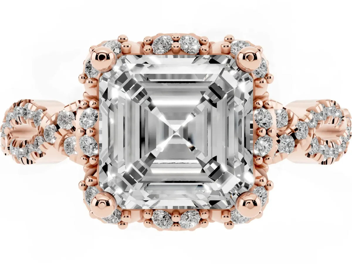 Asscher Cut Halo Twist Band Solitaire Ring with Six-Prong Setting Rose gold